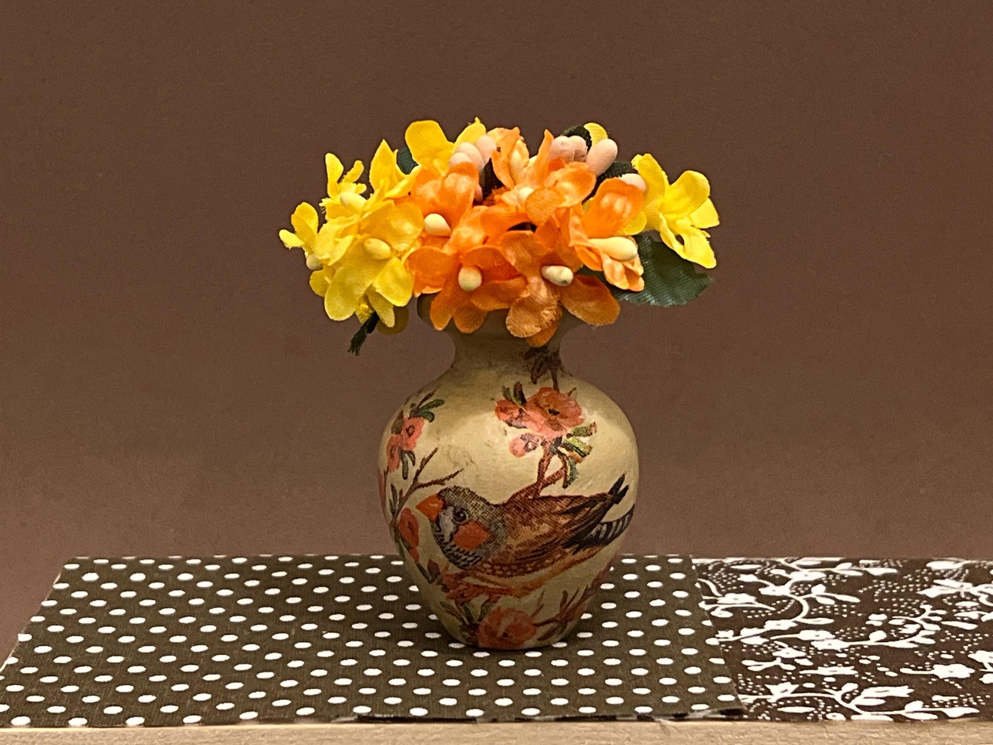 Miniature Wood Vase 1:6 Scale, Handcrafted Bird Motif with Orange & Yellow Flowers __etsy:6671126351