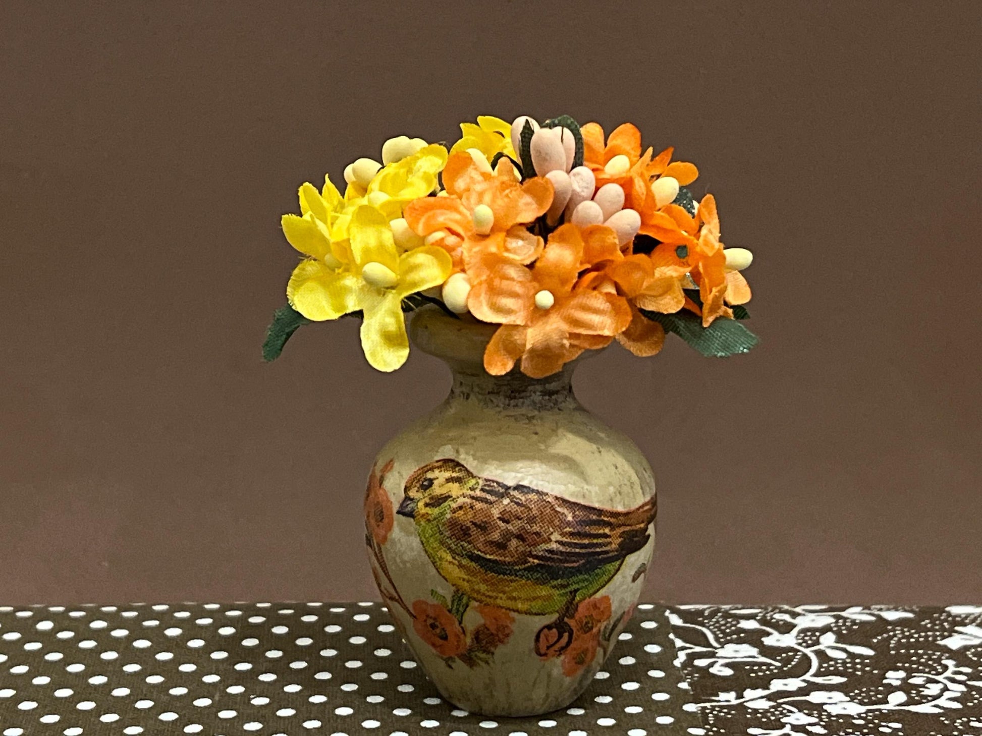 Miniature Wood Vase 1:6 Scale, Handcrafted Bird Motif with Orange & Yellow Flowers __etsy:6623041836