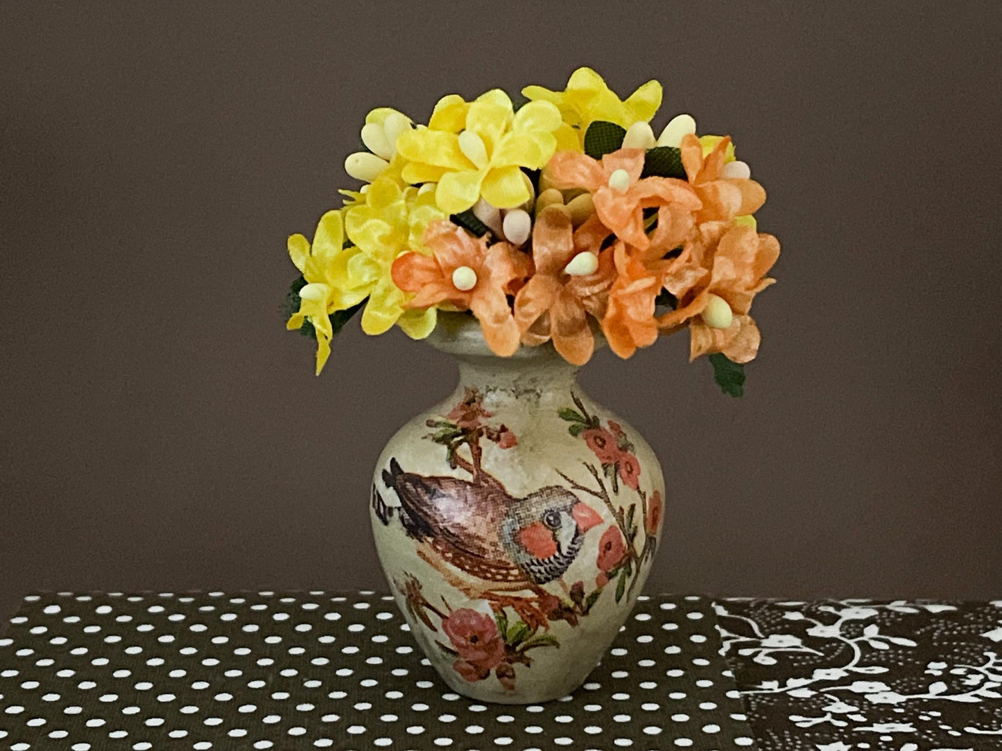 Miniature Wood Vase 1:6 Scale, Handcrafted Bird Motif with Orange & Yellow Flowers __etsy:6623042286