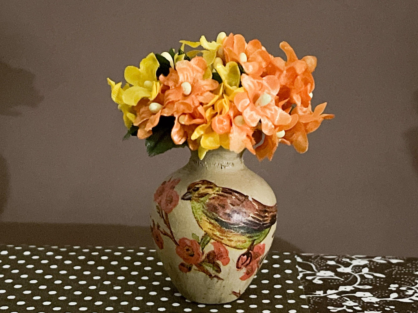 Miniature Wood Vase 1:6 Scale, Handcrafted Bird Motif with Orange & Yellow Flowers __etsy:6623042744