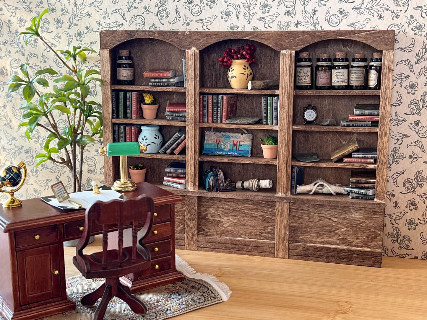 Miniature Wooden Bookcase 1:12 Scale –  Dollhouse Furniture Library Bookshelf in Light Brown Stain __etsy:7252842103