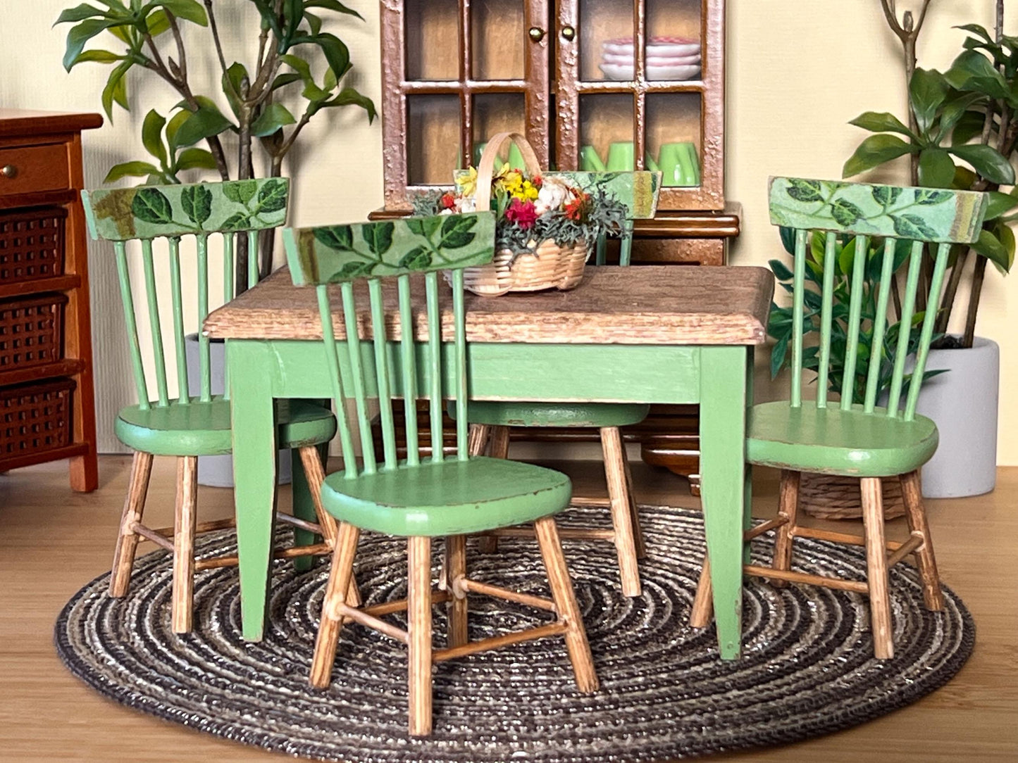 Miniature Wooden Dining Set – 1:12 Scale -Dollhouse Furniture Distressed Green Table & Chairs __etsy:6613440356