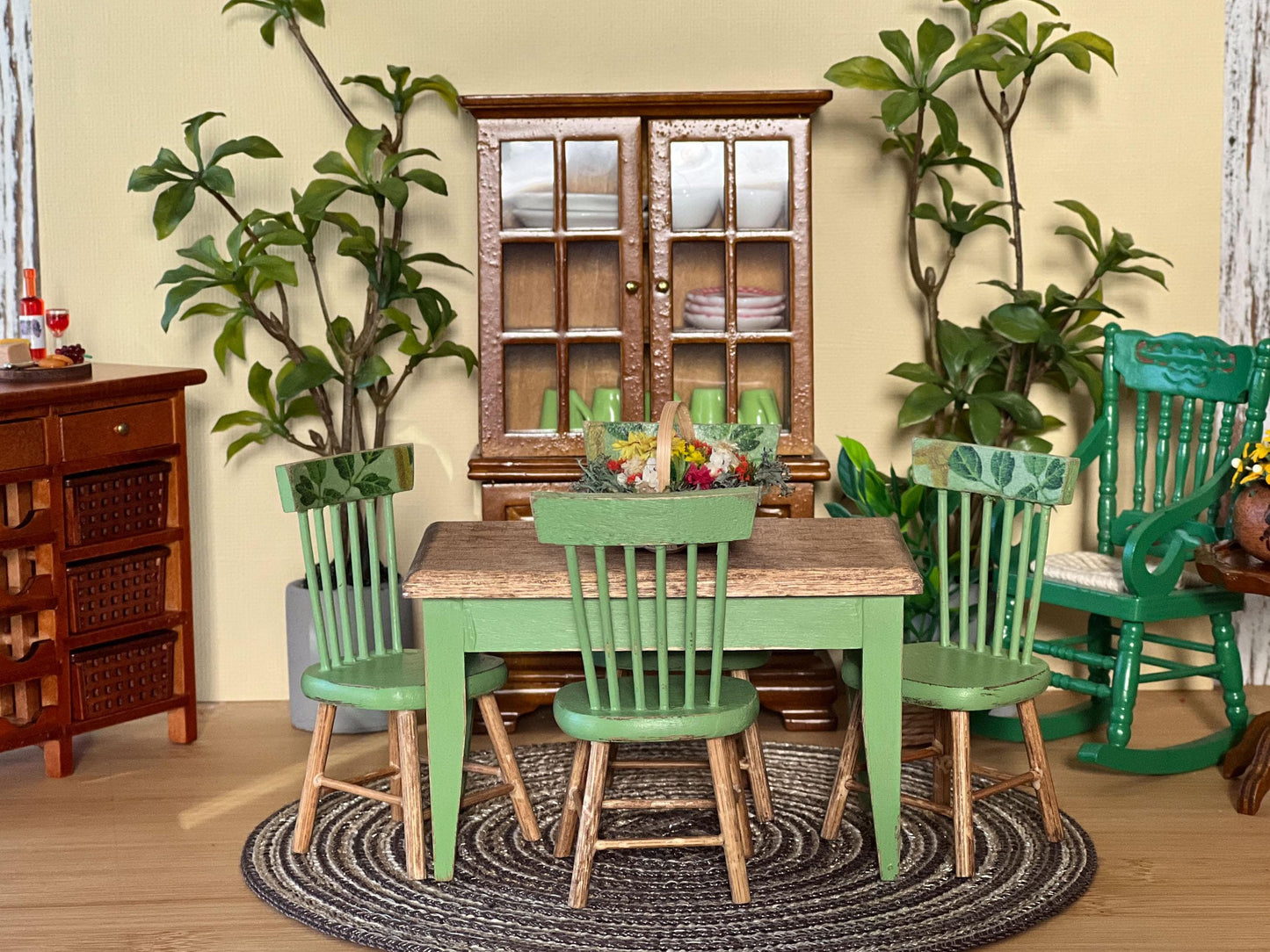 Miniature Wooden Dining Set – 1:12 Scale -Dollhouse Furniture Distressed Green Table & Chairs __etsy:6661533401