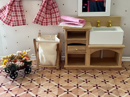 Absolutely adorable 1:12 dollhouse wooden folding dirty laundry hamper for your bathroom. Make your home bathroom more realistic with this fordable hamper made of sturdy wood frame and fabric storage basket. The color is row wood and beige fabric. __etsy:6215779812