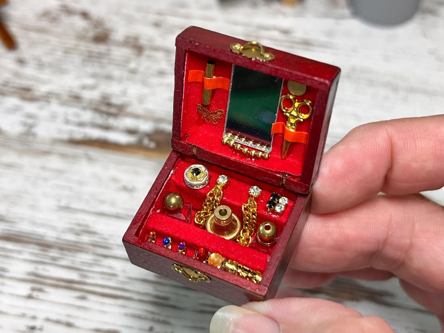 Miniature Wooden Jewelry Box 1:12 Scale –Dollhouse Bedroom Decor | Velvet & Mirror Detail __etsy:6865503359