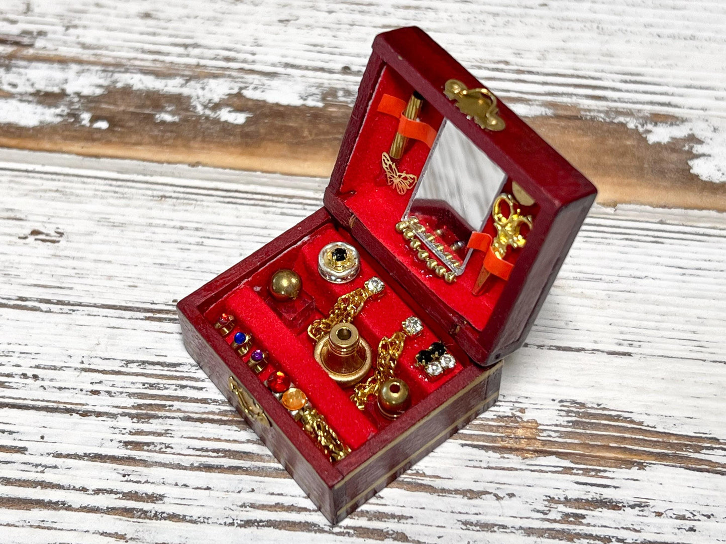 Miniature Wooden Jewelry Box 1:12 Scale –Dollhouse Bedroom Decor | Velvet & Mirror Detail __etsy:6865503383