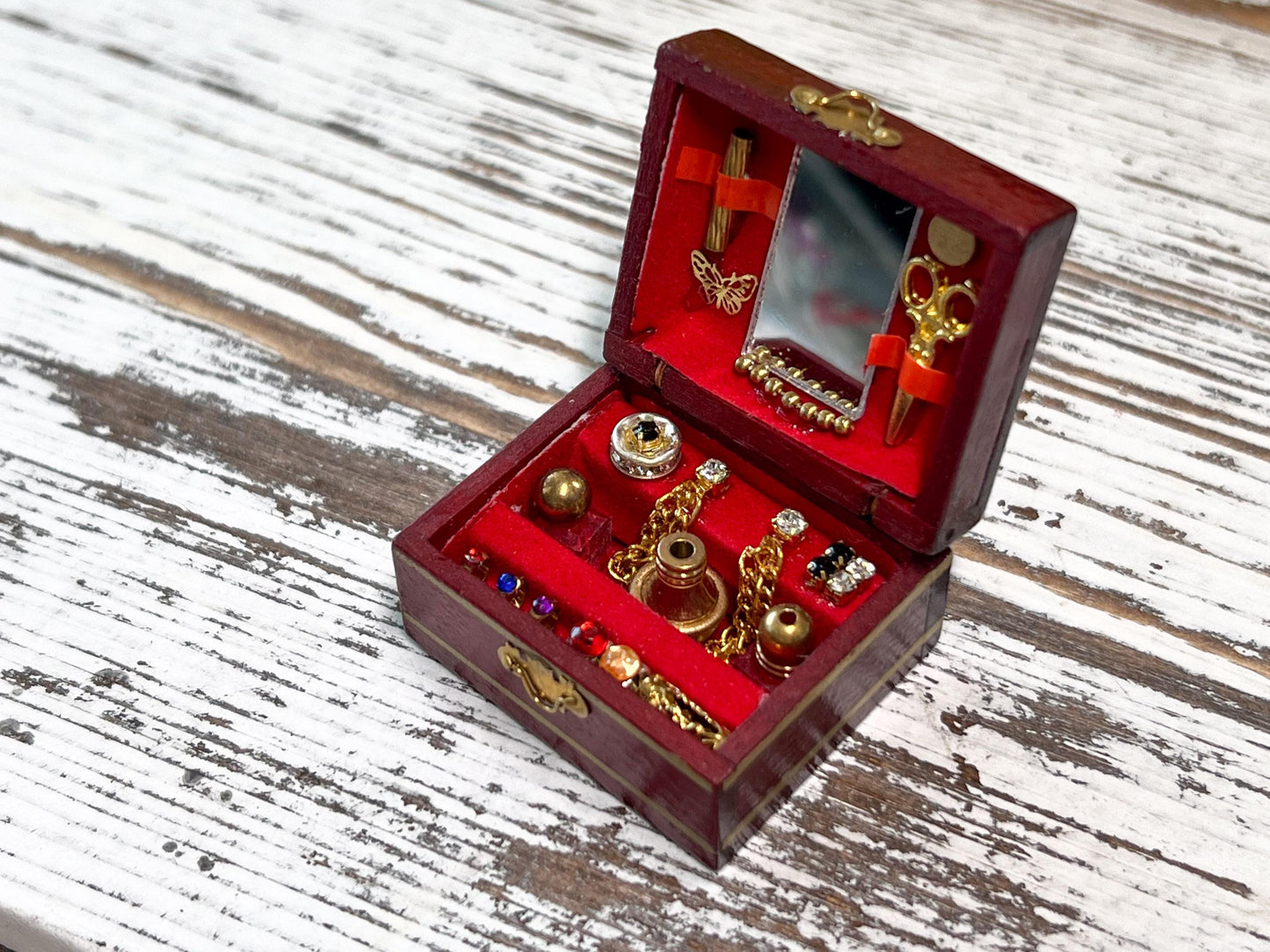 Miniature Wooden Jewelry Box 1:12 Scale –Dollhouse Bedroom Decor | Velvet & Mirror Detail __etsy:6865476343