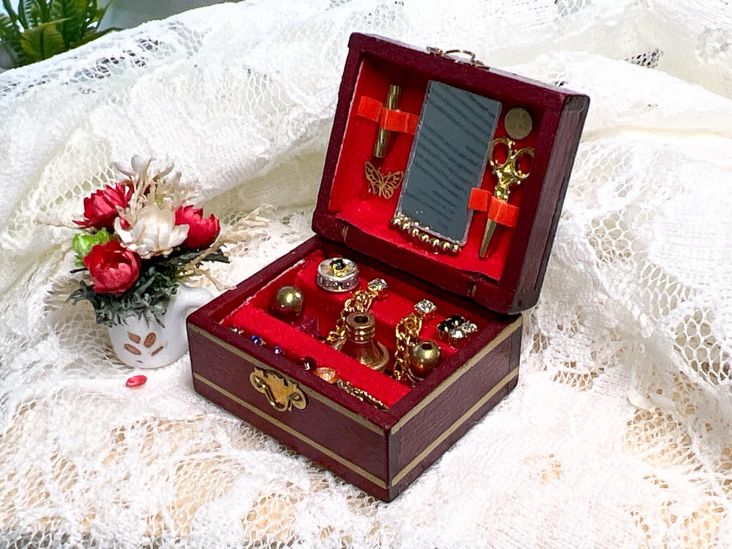 Miniature Wooden Jewelry Box 1:12 Scale –Dollhouse Bedroom Decor | Velvet & Mirror Detail __etsy:6865476341