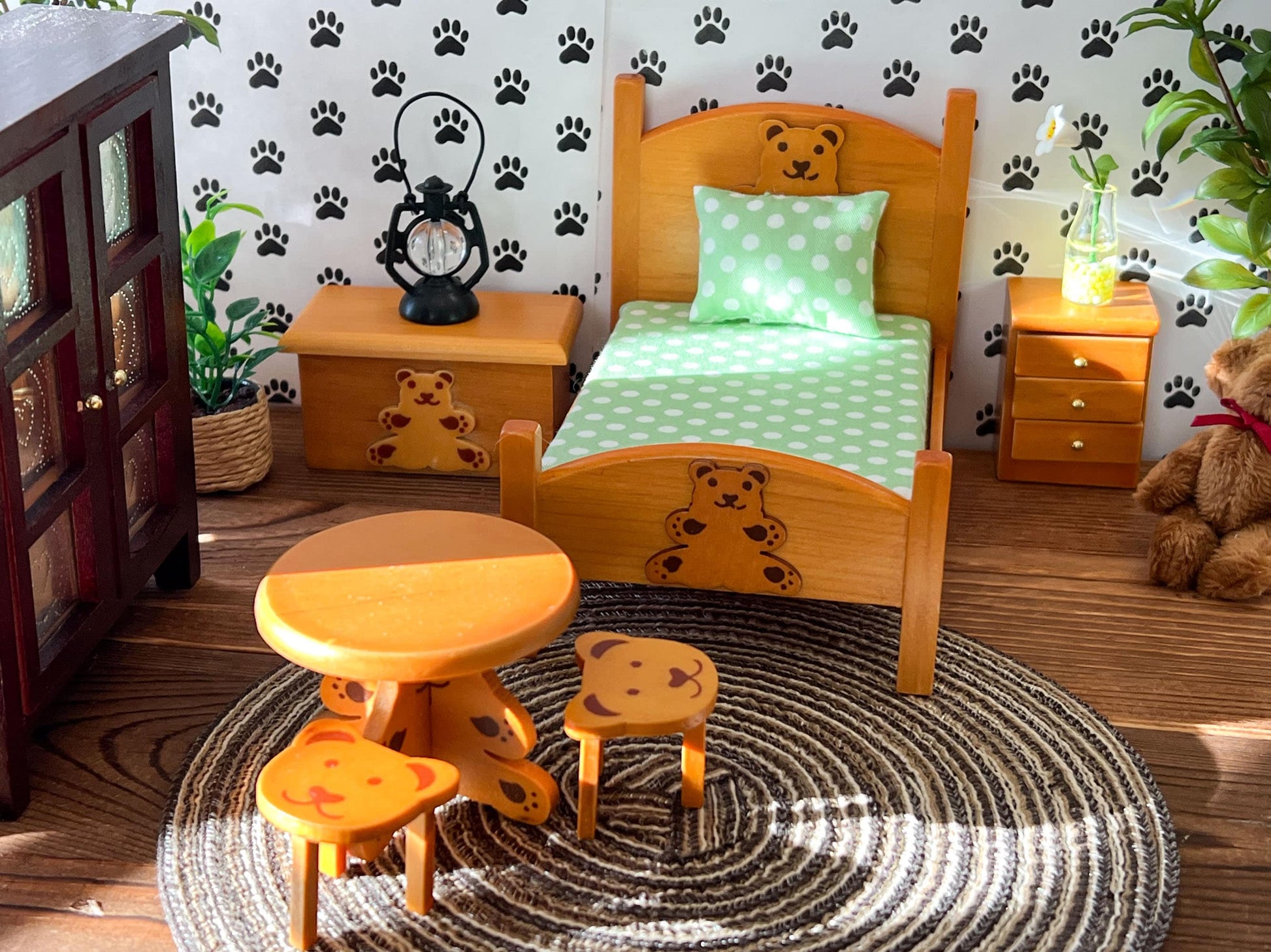 Dollhouse 6 pc wooden kids bedroom set with a beautiful bear engraved on each piece, it comes with bed, green mattress, green pillow, nightstand, toy chest, small play table and two stools. All are sturdy and beautifully made. __etsy:6349036888