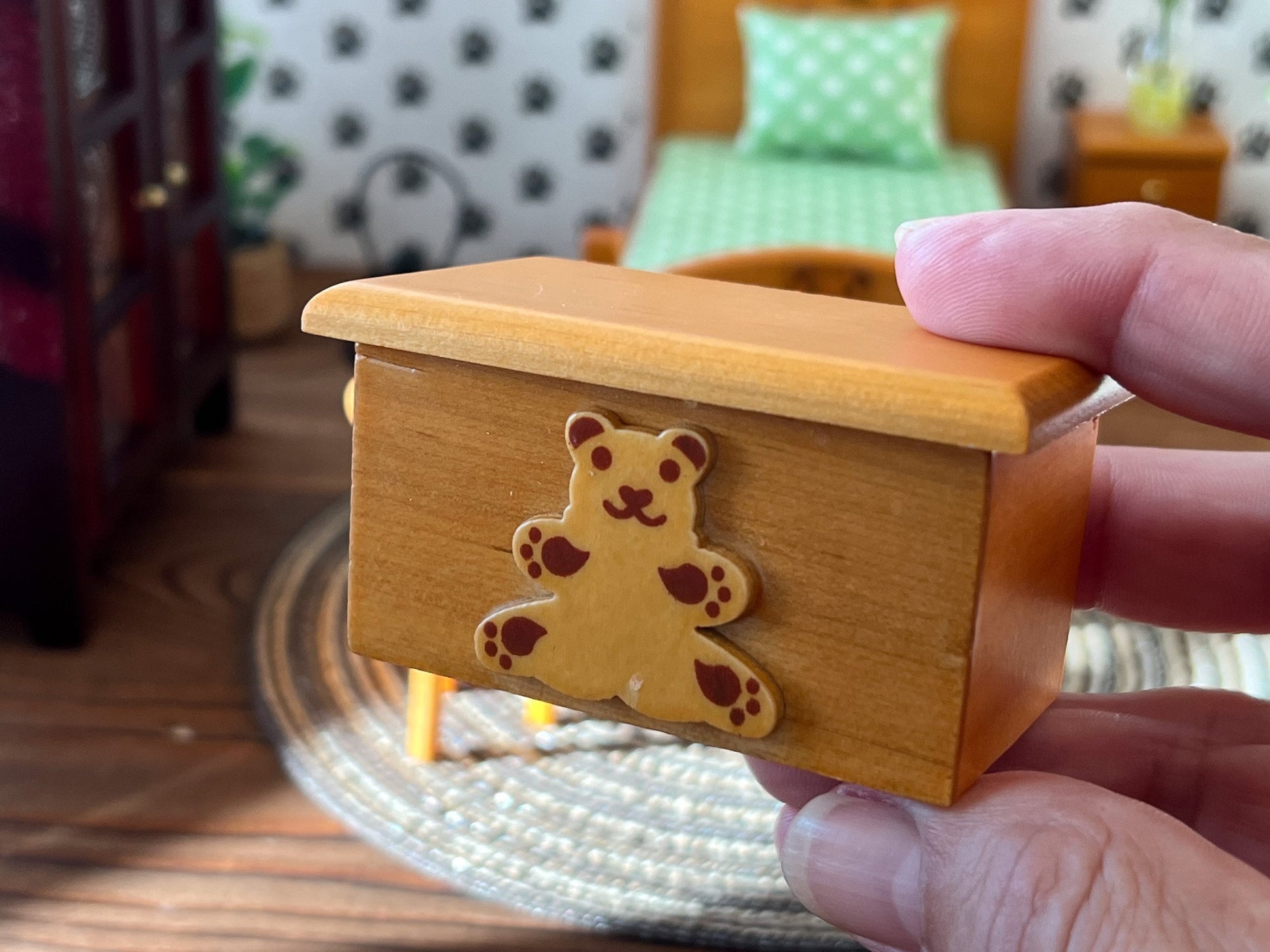 Miniature Wooden Kids Rustic Bedroom Set 6PC - 1:12 Scale - Dollhouse Furniture Green Covers __etsy:6397120165