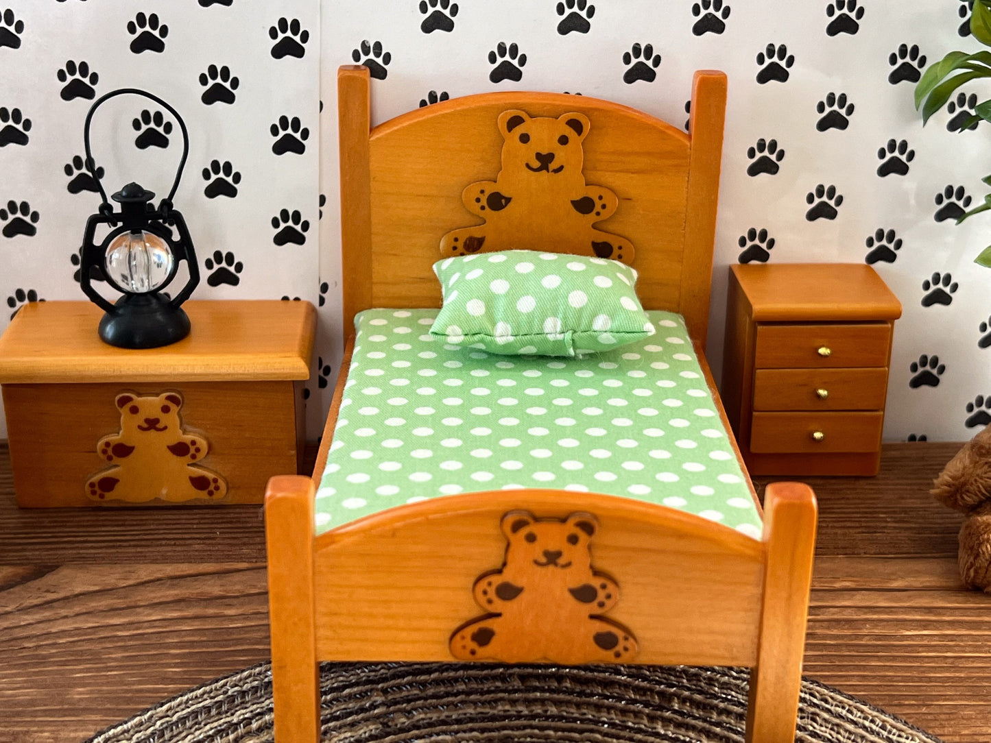 Miniature Wooden Kids Rustic Bedroom Set 6PC - 1:12 Scale - Dollhouse Furniture Green Covers __etsy:6397120201