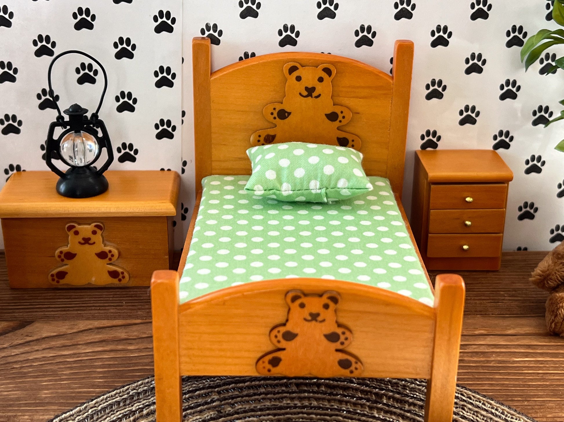 Miniature Wooden Kids Rustic Bedroom Set 6PC - 1:12 Scale - Dollhouse Furniture Green Covers __etsy:6397120201
