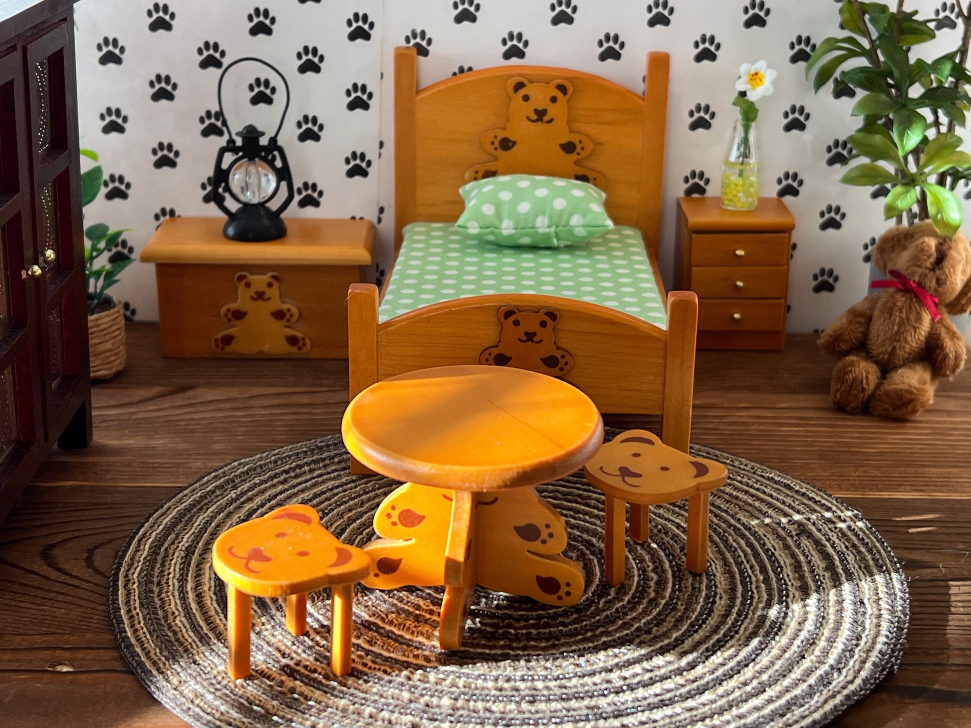 Miniature Wooden Kids Rustic Bedroom Set 6PC - 1:12 Scale - Dollhouse Furniture Green Covers __etsy:6397120383