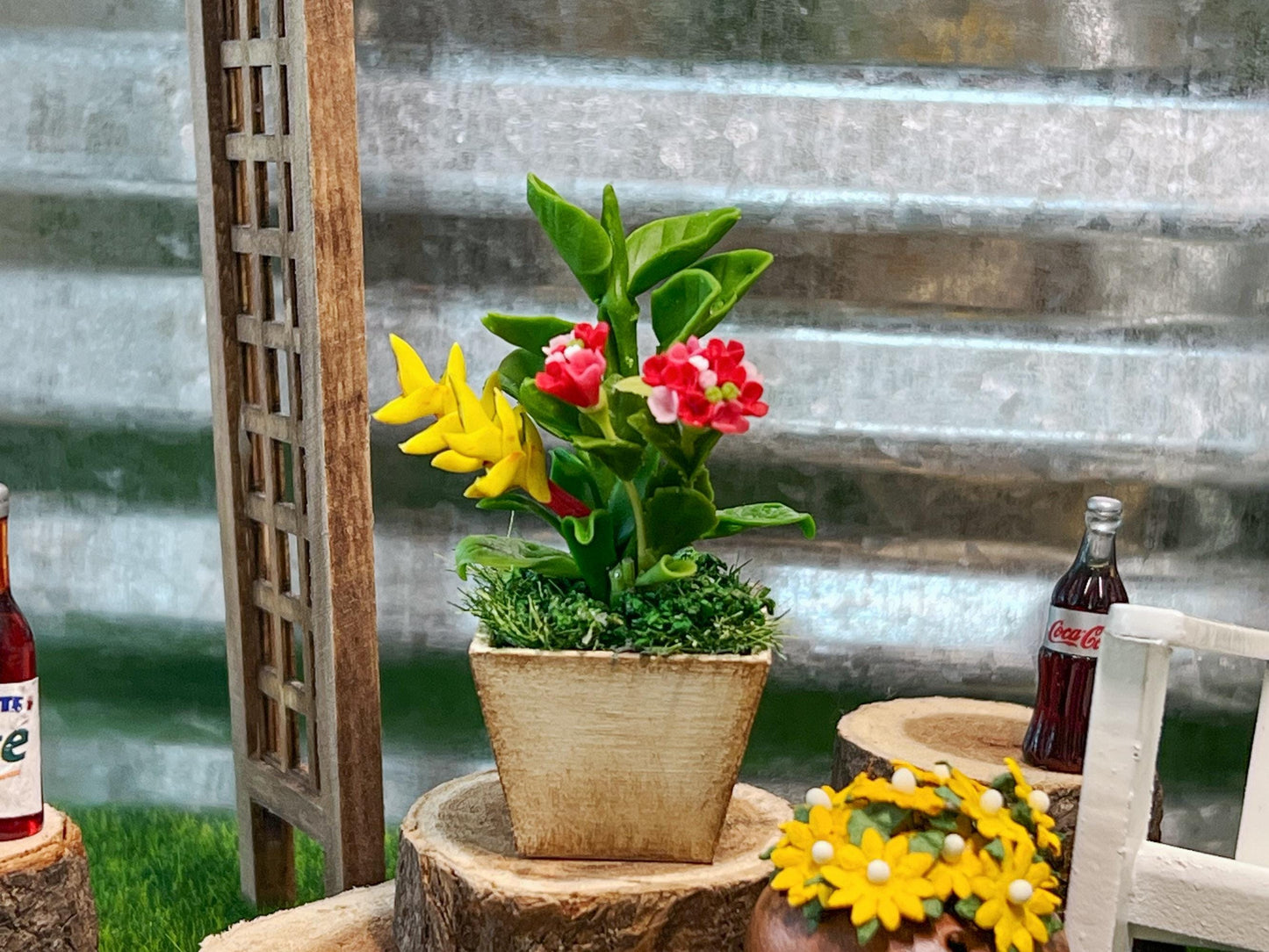 Miniature Wooden Planter with Clay Flowers 1:12 Scale – Dollhouse Patio and Table Decor __etsy:7164405161