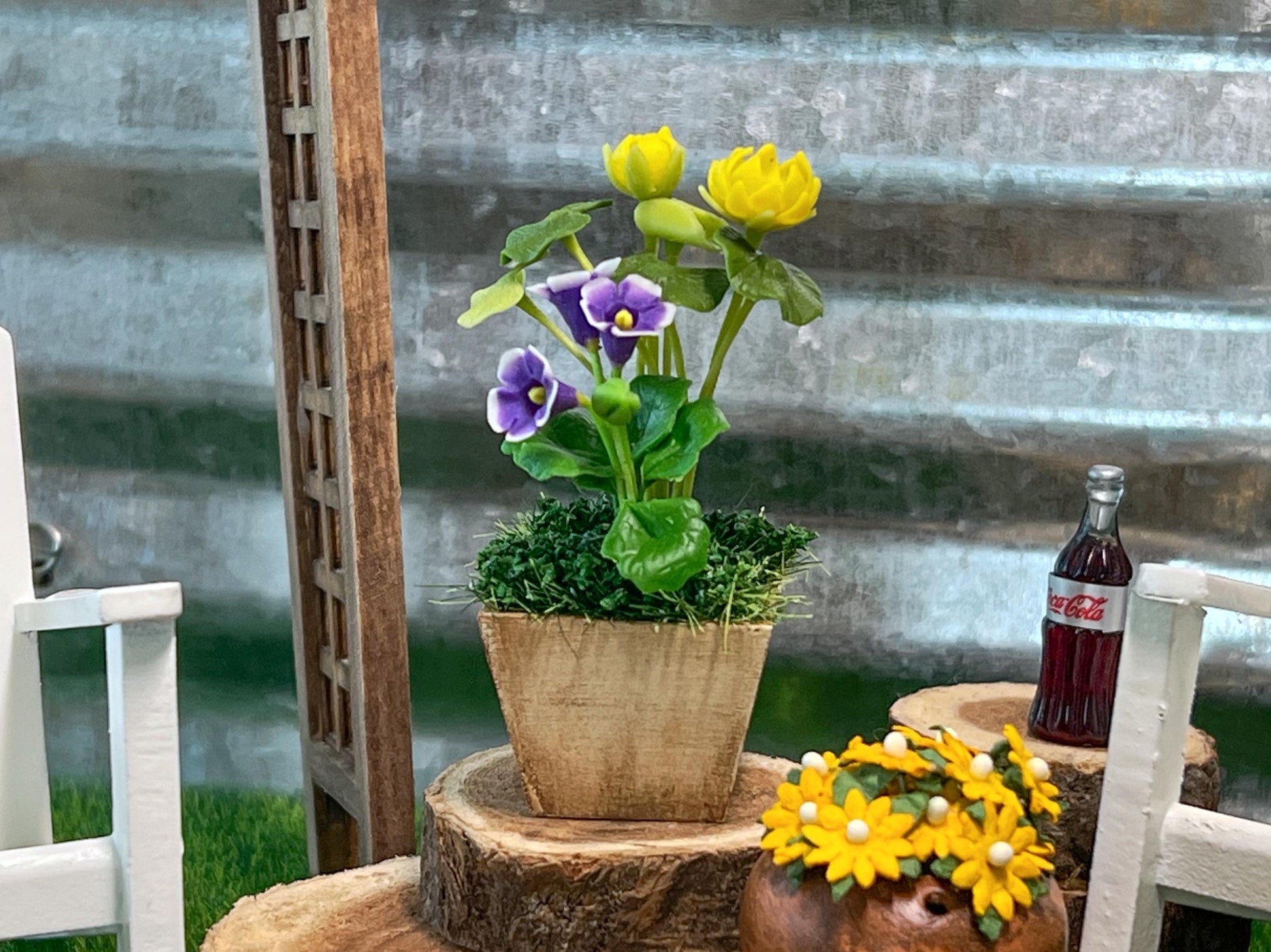 Miniature Wooden Planter with Clay Flowers 1:12 Scale – Dollhouse Patio and Table Decor __etsy:7116433814