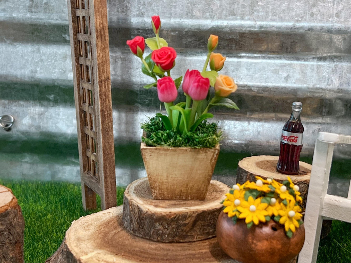 Miniature Wooden Planter with Clay Flowers 1:12 Scale – Dollhouse Patio and Table Decor __etsy:7164405169