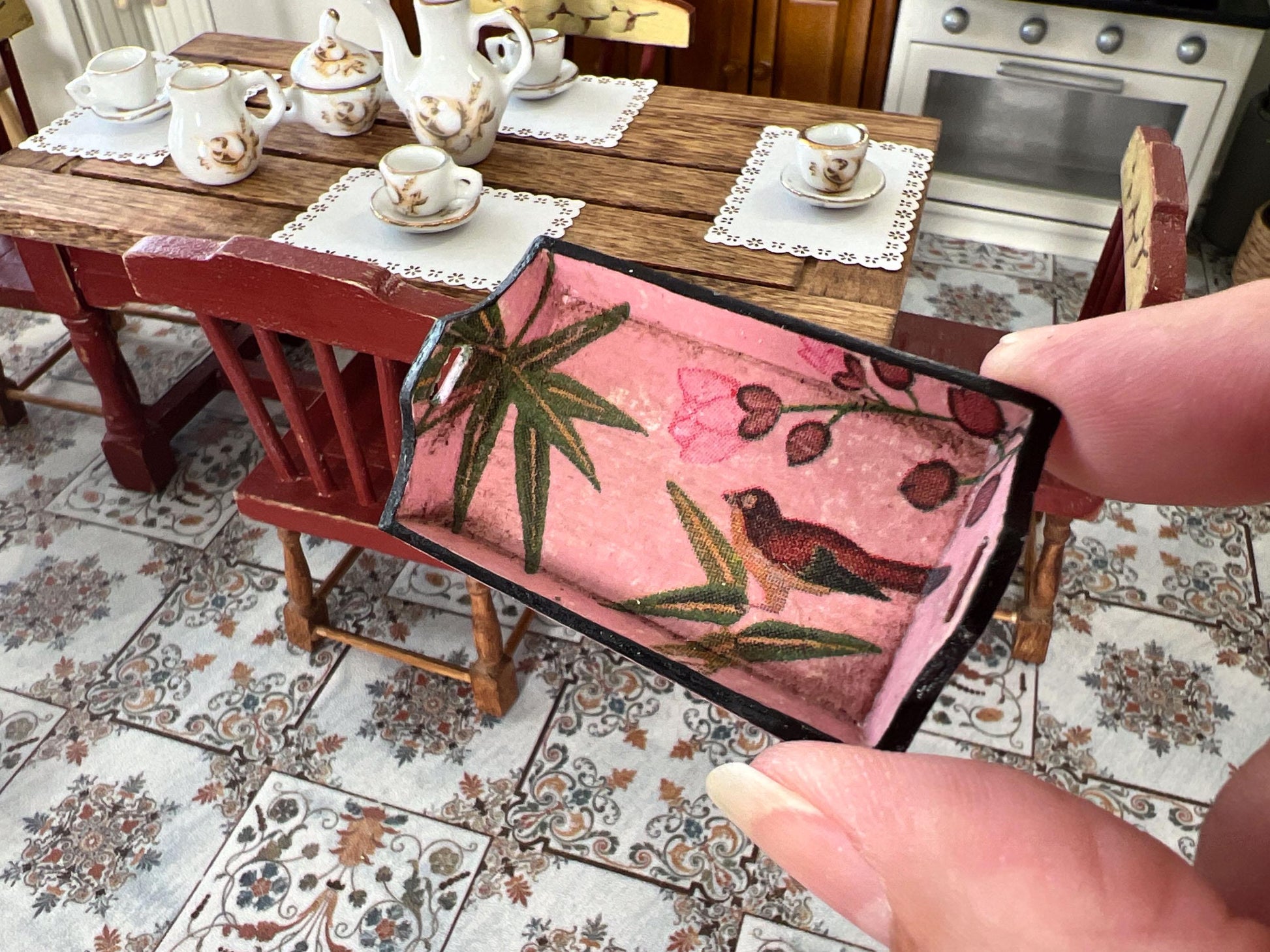 Miniature Wooden Serving Tray 1:12 Scale –  Pink Tea & Carrying Tray for Dollhouse __etsy:6809036831