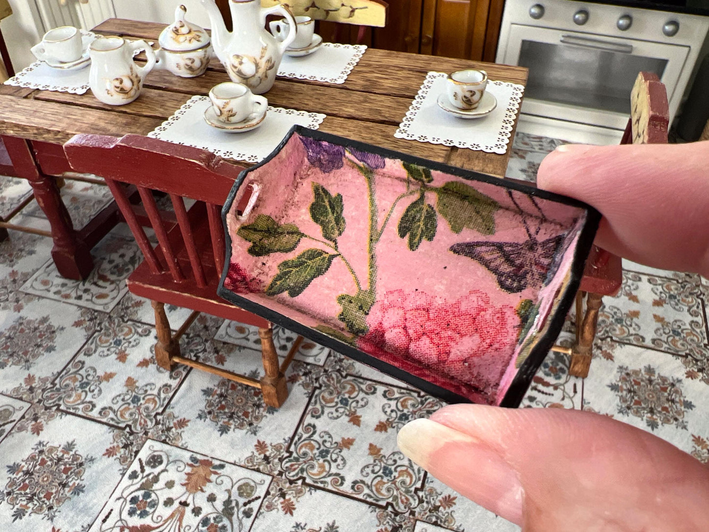 Miniature Wooden Serving Tray 1:12 Scale –  Pink Tea & Carrying Tray for Dollhouse __etsy:6809036839