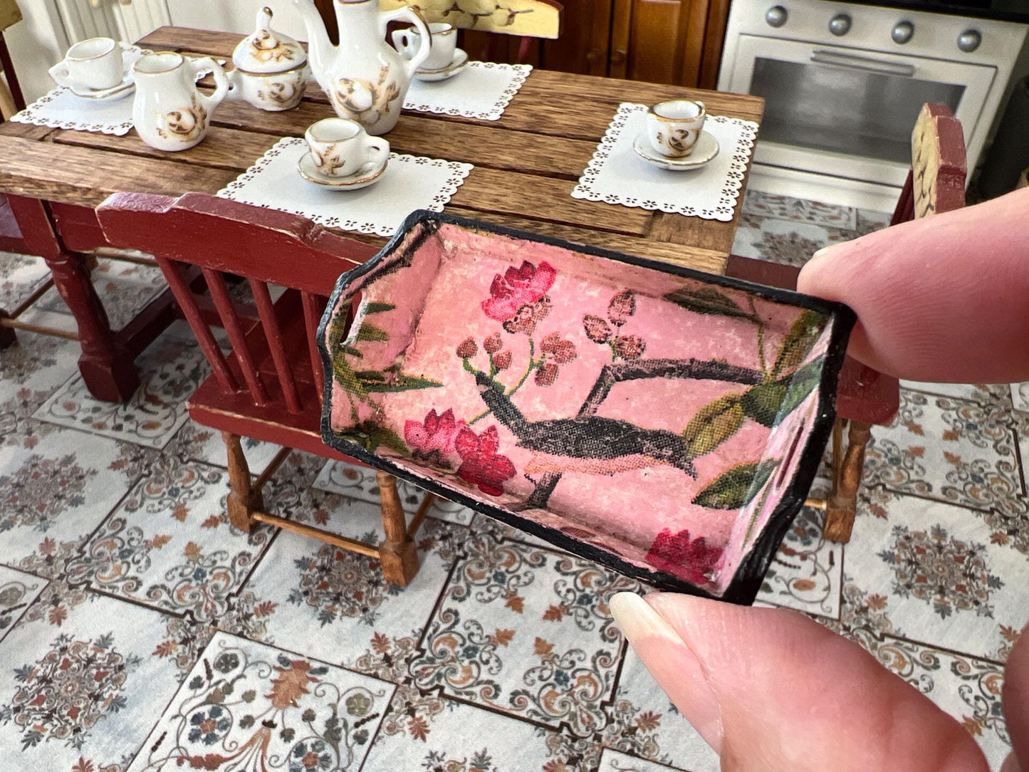 Miniature Wooden Serving Tray 1:12 Scale –  Pink Tea & Carrying Tray for Dollhouse __etsy:6809036847