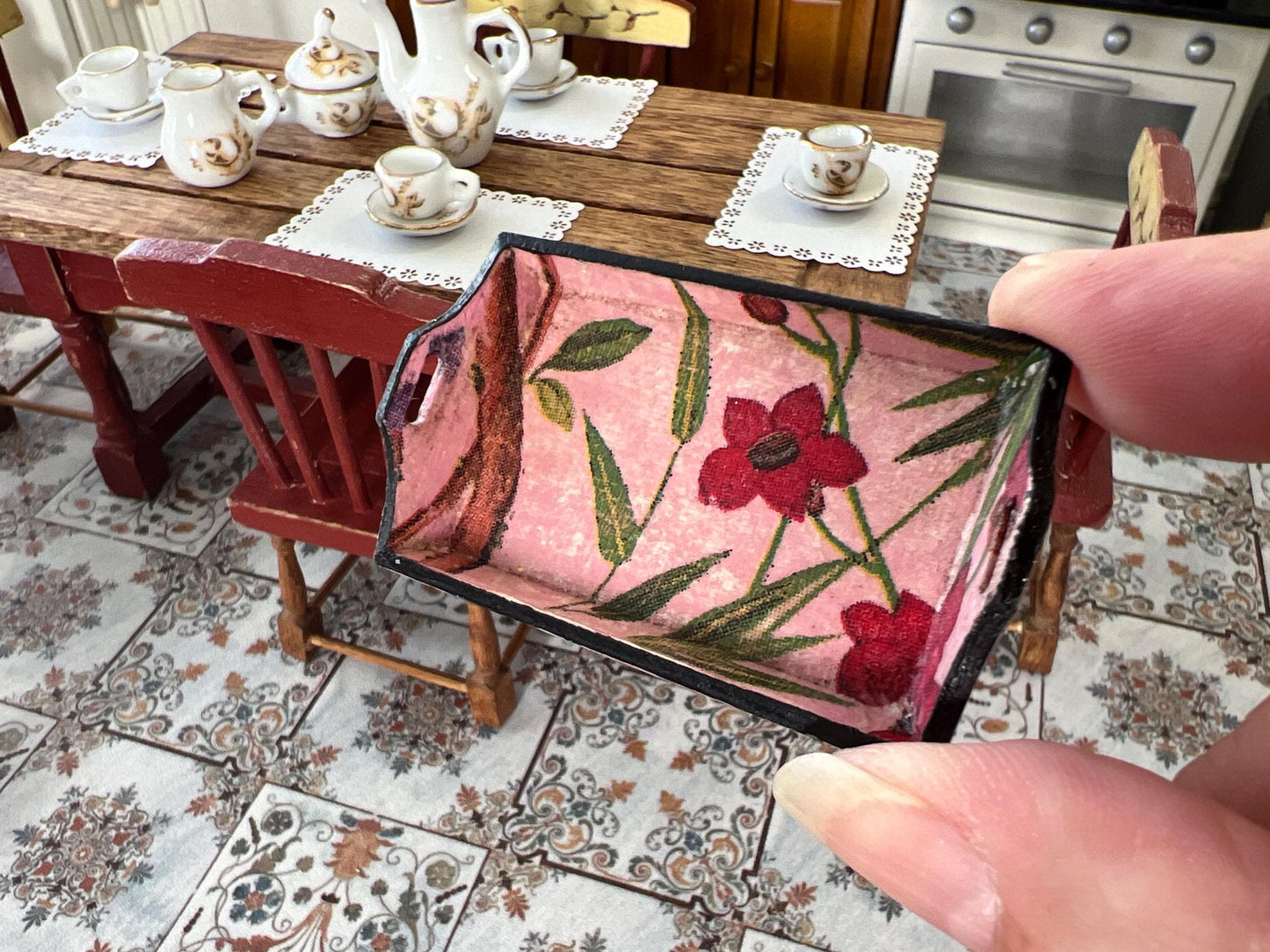 Miniature Wooden Serving Tray 1:12 Scale –  Pink Tea & Carrying Tray for Dollhouse __etsy:6809036841