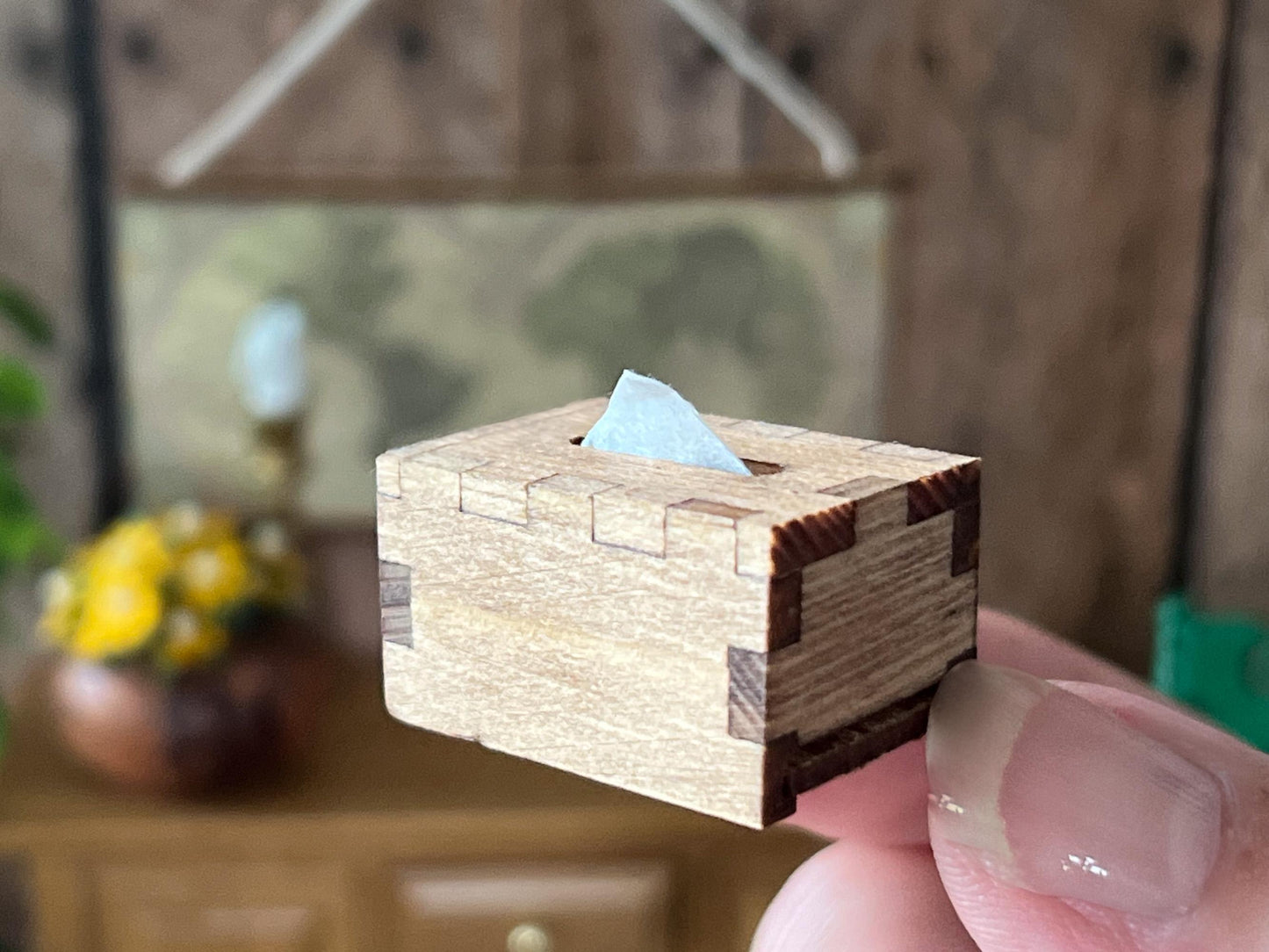 Miniature Wooden Tissue Box with Paper – 1:12 Scale Dollhouse Bathroom or Bedroom Accessory __etsy:7025296633