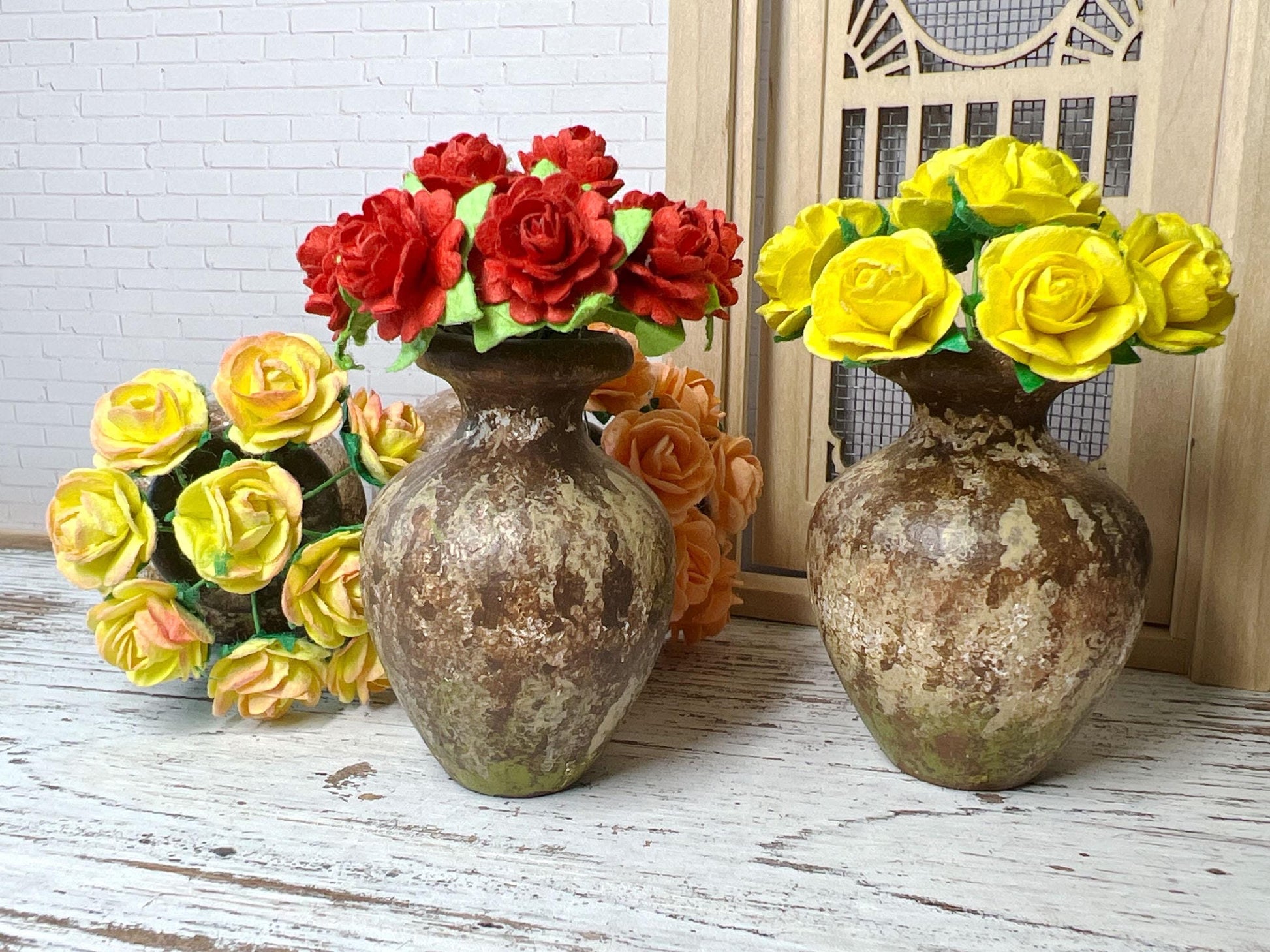 Miniature 1:6 Scale Handcrafted Earth-Tone Wood Vase with Paper Roses - Add a warm, elegant touch to dollhouse with this individually hand-painted vase, beautifully decorated with delicate paper roses in yellow, red, orange, or two-tone yellow-pink. __etsy:6671069709