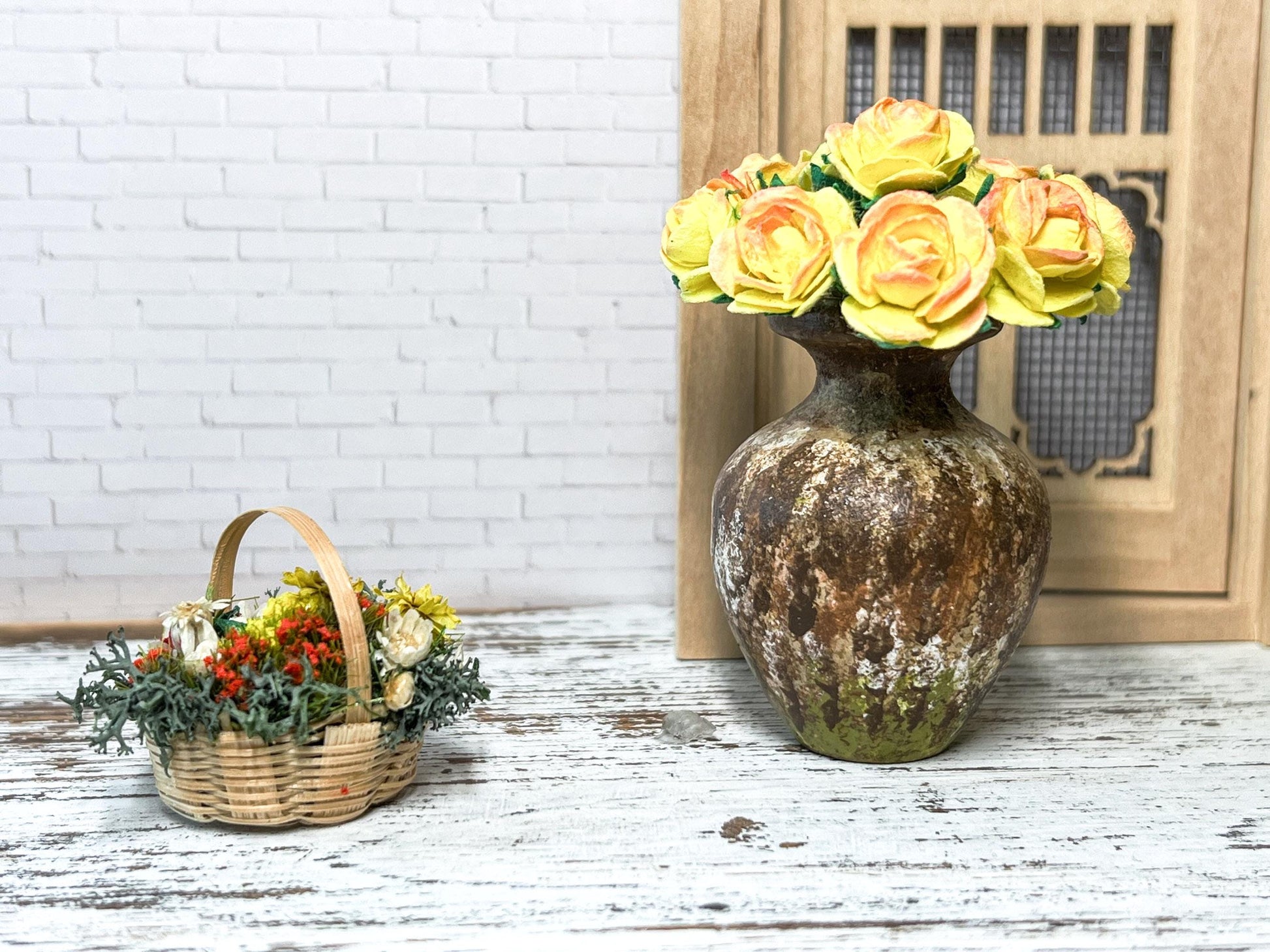 Miniature Wooden Vase 1:6 Scale Centerpiece with Paper Roses __etsy:6671069607