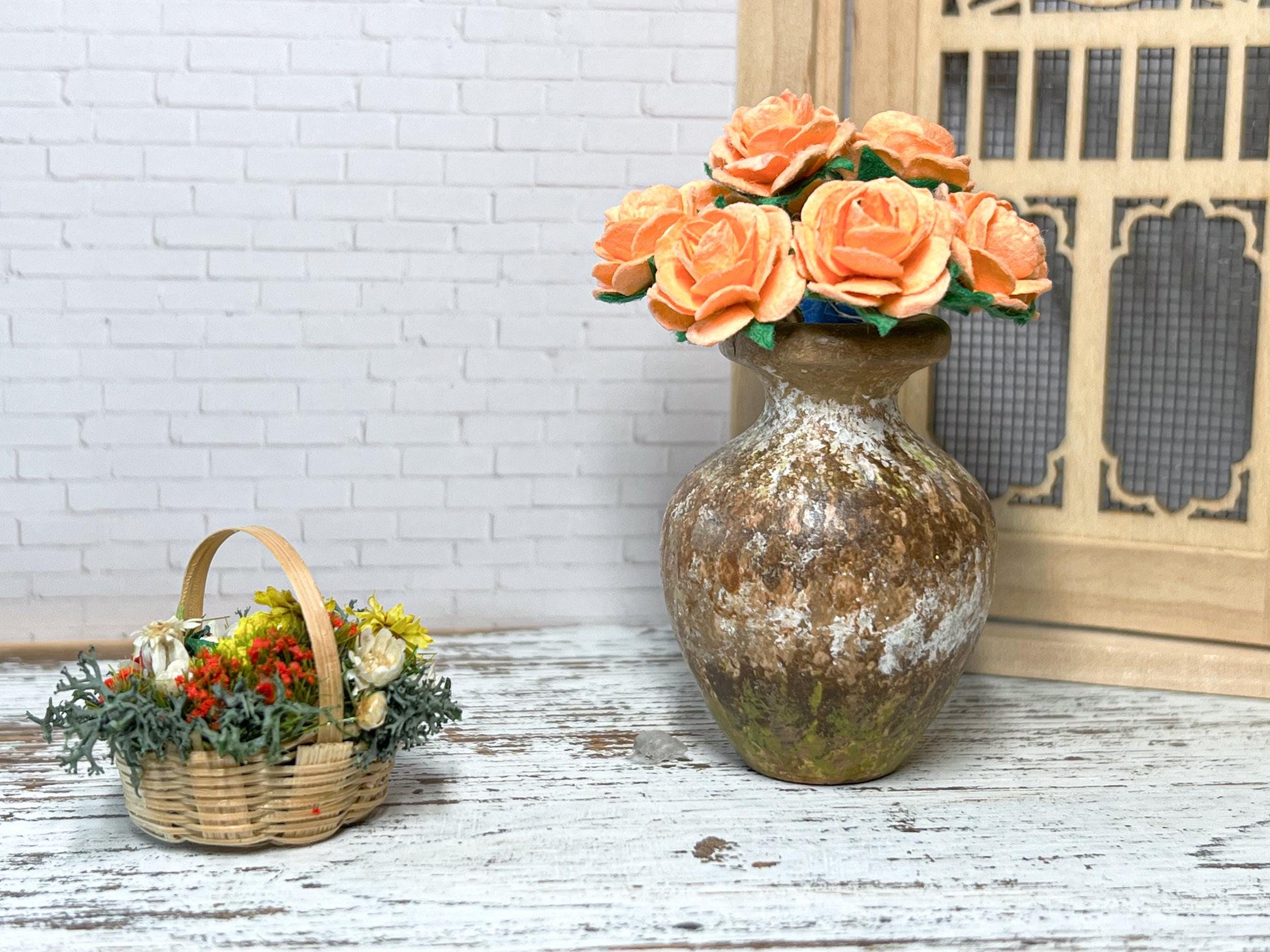 Miniature Wooden Vase 1:6 Scale Centerpiece with Paper Roses __etsy:6671069601