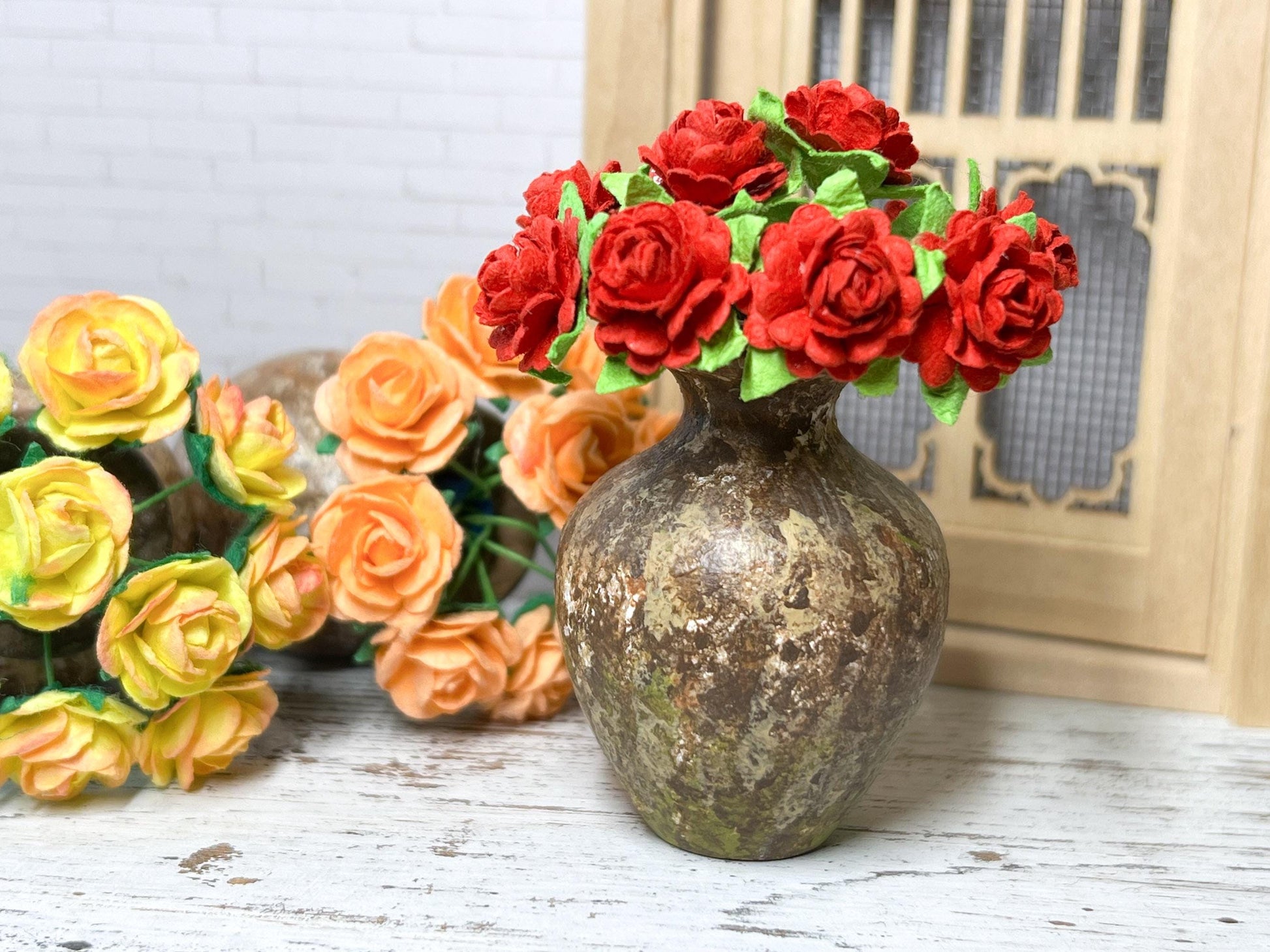 Miniature Wooden Vase 1:6 Scale Centerpiece with Paper Roses __etsy:6622984568