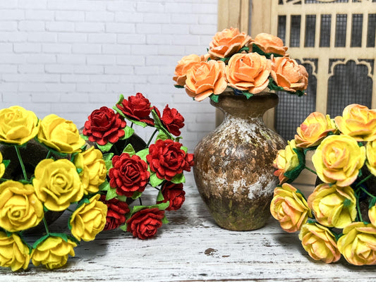 Miniature Wooden Vase 1:6 Scale Centerpiece with Paper Roses __etsy:6622984452