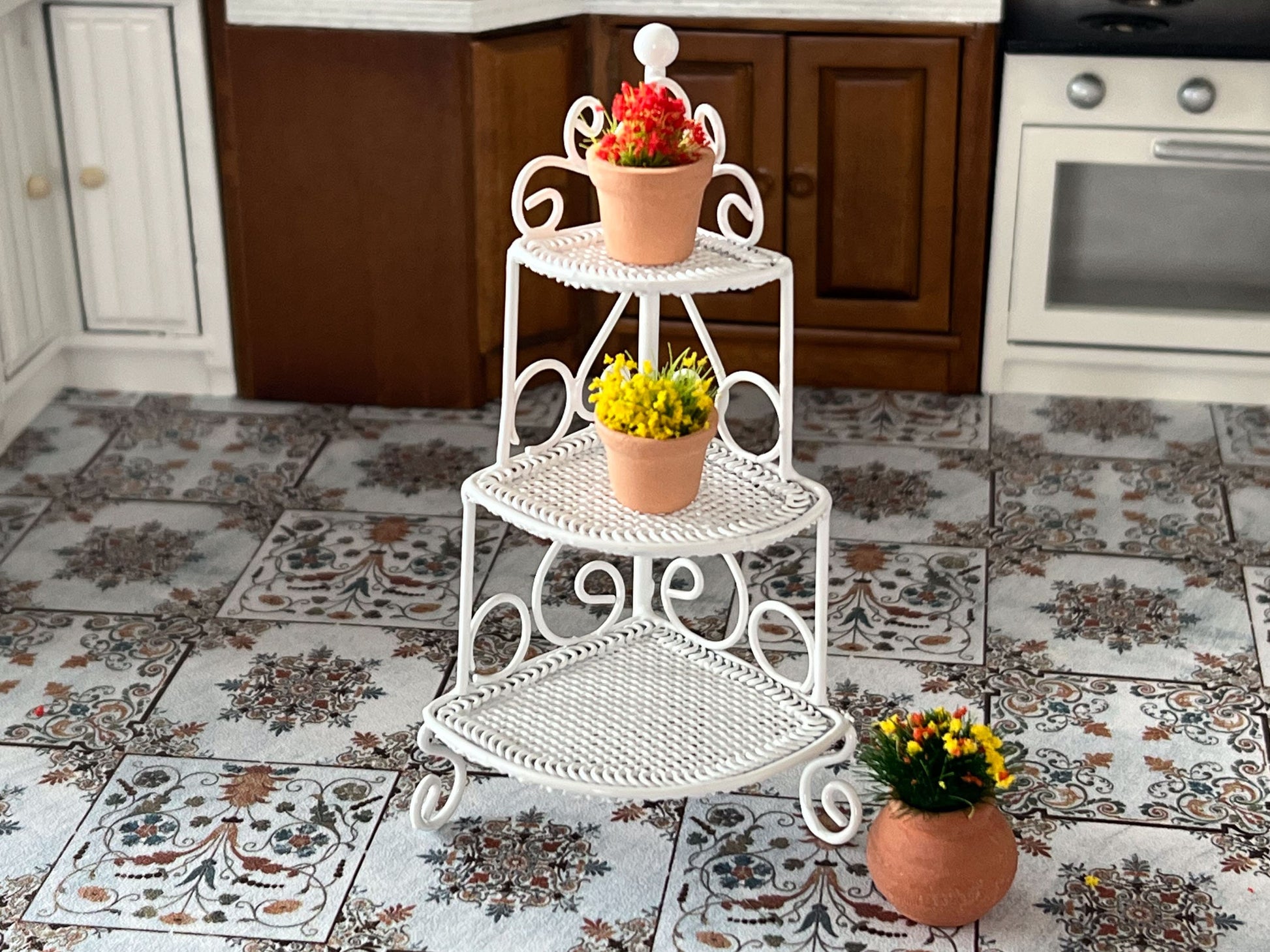 Miniature Wrought Iron Corner Three-Tier Plant Shelf - 1:12 Scale Dollhouse Furniture Corner Piece __etsy:6093152221