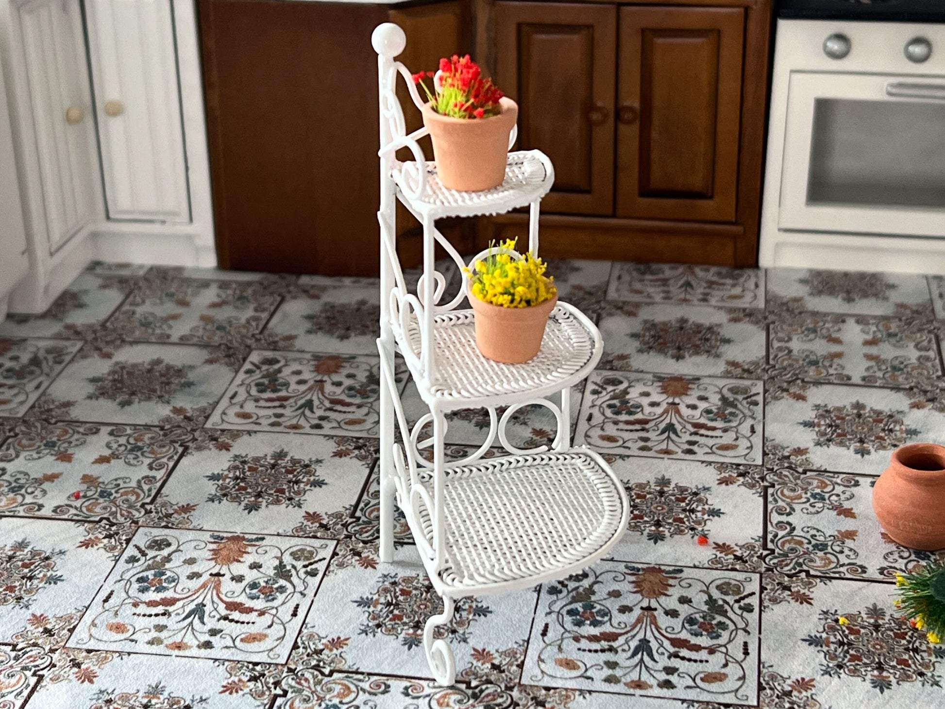 Miniature Wrought Iron Corner Three-Tier Plant Shelf - 1:12 Scale Dollhouse Furniture Corner Piece __etsy:6093152219