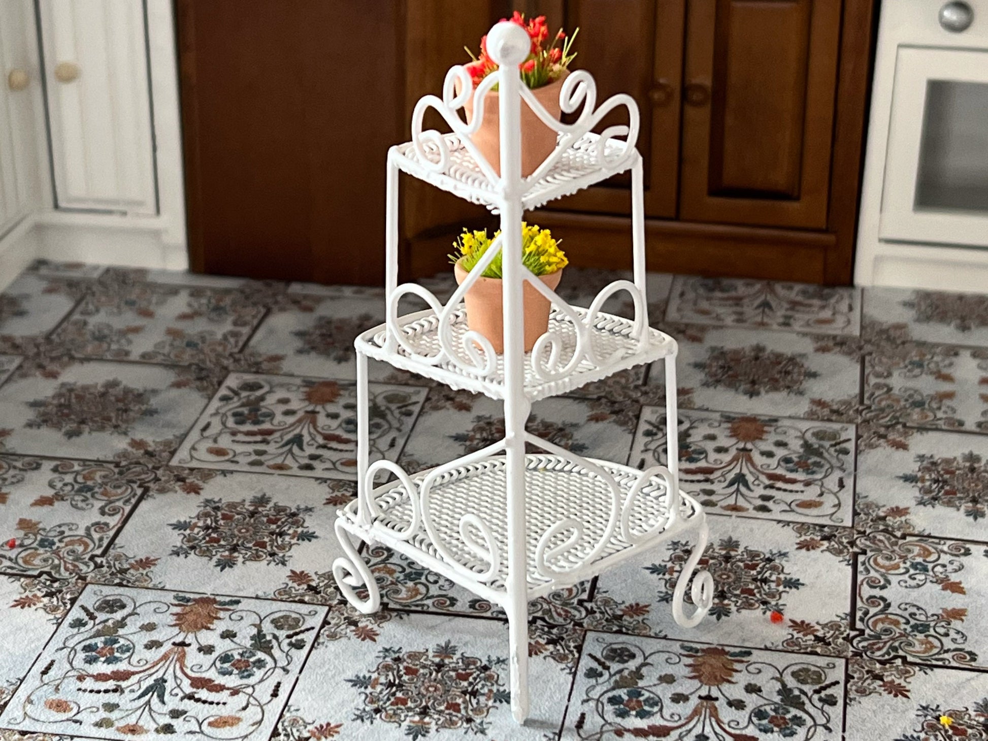 Miniature Wrought Iron Corner Three-Tier Plant Shelf - 1:12 Scale Dollhouse Furniture Corner Piece __etsy:6045080138