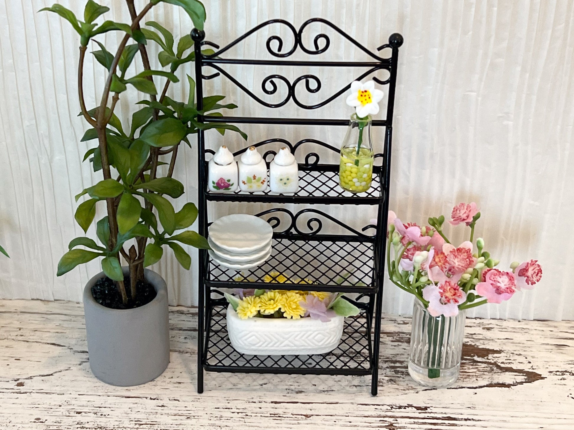 Miniature Wrought Iron Three Tier Shelving - 1:12 Scale - Dollhouse Furniture Black Plant Display __etsy:6063080030