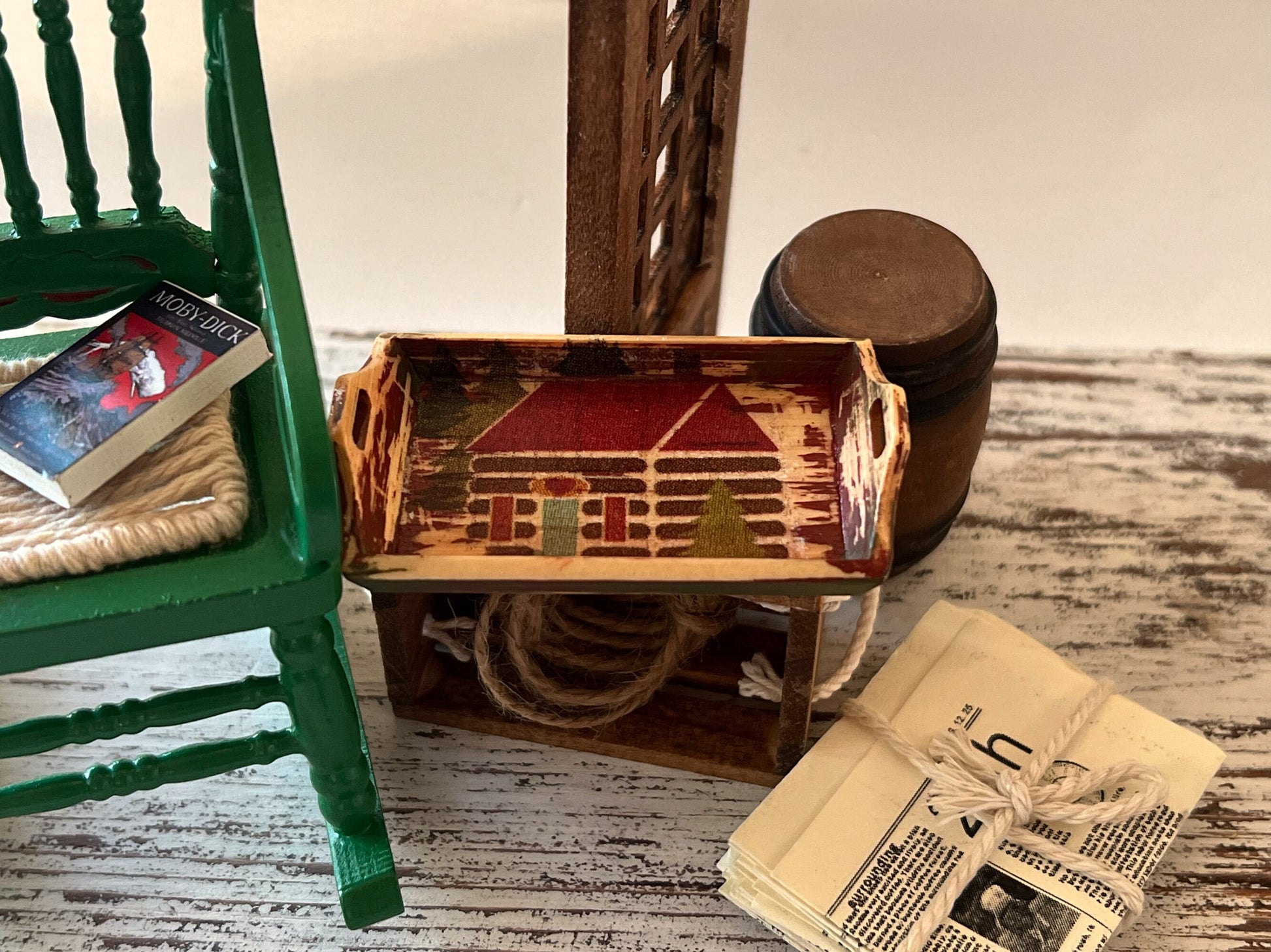 Dollhouse Miniature Wood Tray – Cabin Decoupage, 1:12 Scale __etsy:5496274975