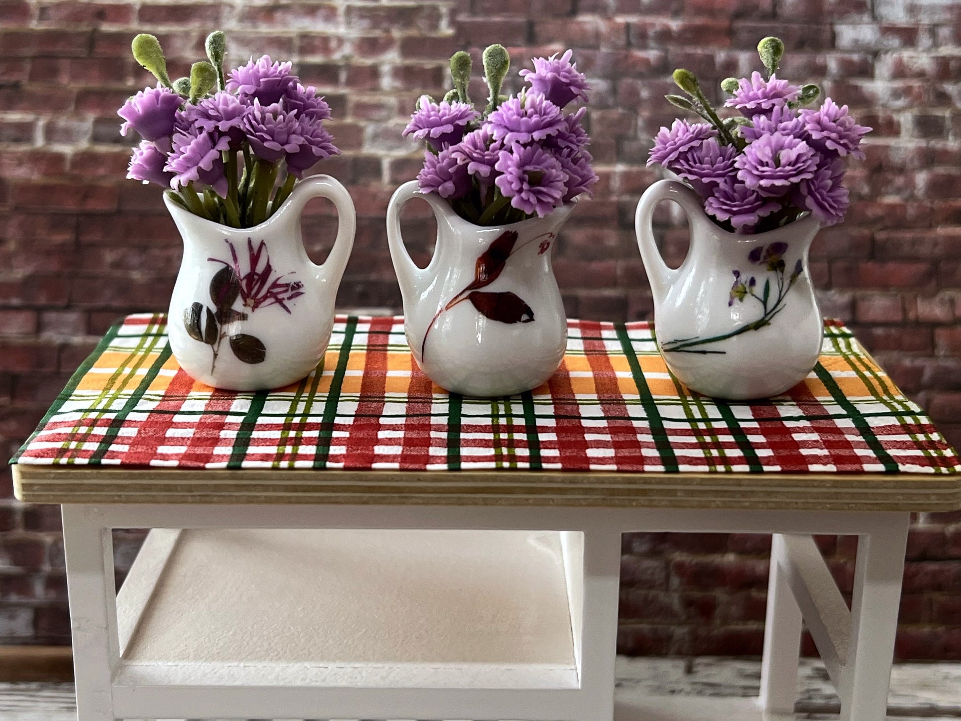 Miniature White Ceramic Vase, 1:6 Scale – Dollhouse Decor with Purple or Blue Flowers __etsy:5564543836