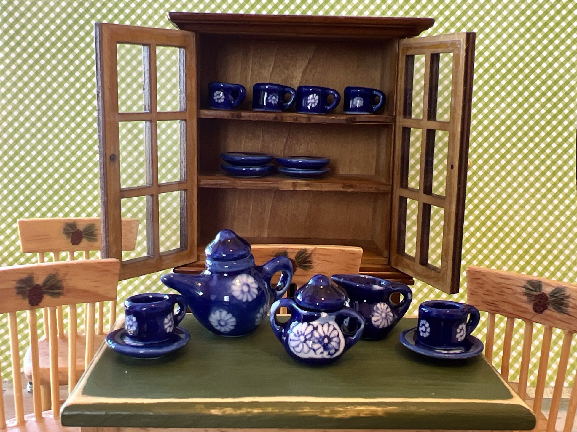 Miniature Ceramic Blue Tea Set 1:12 Scale – 9 PC Dollhouse China-Inspired Tableware __etsy:5576294742