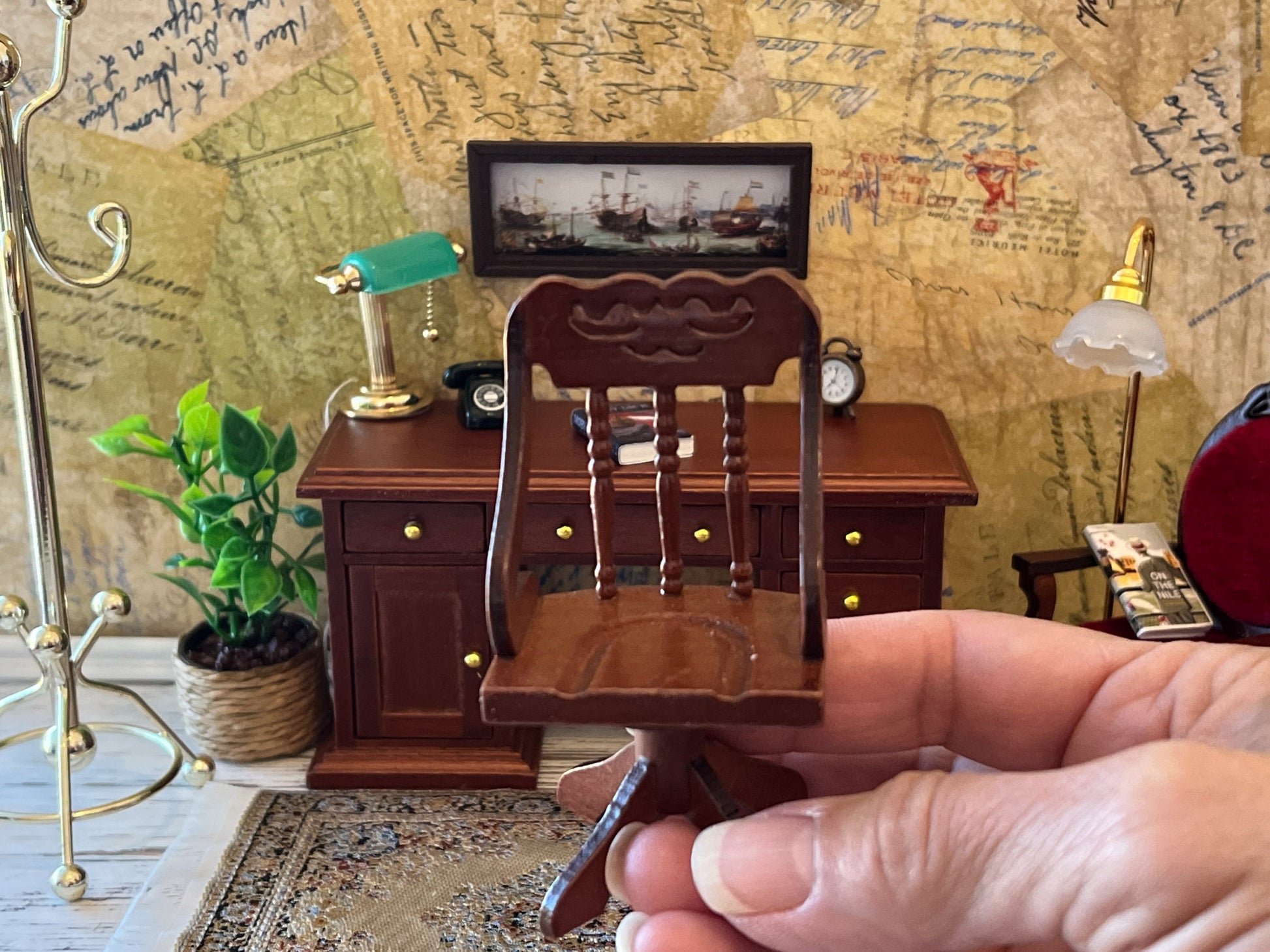 Dollhouse Miniature Retro Banker's Desk with Chair - 1:12 Scale Dollhouse Furniture __etsy:5739842896