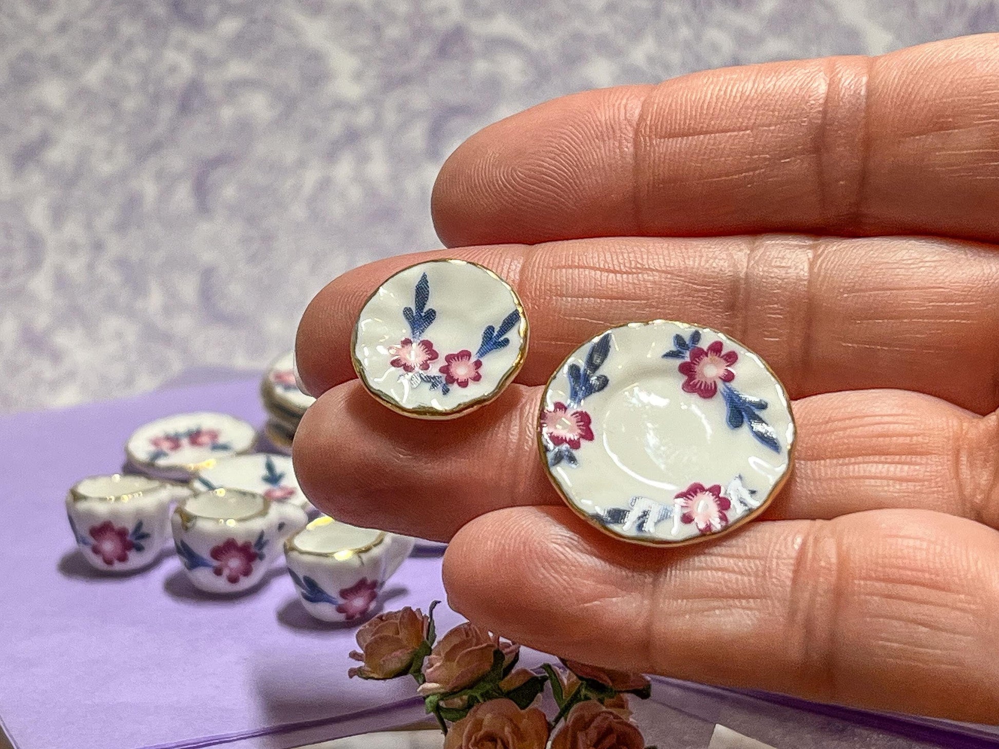 Miniature Porcelain Tea Set 1:12 Scale – 17-PC Dollhouse Teatime Purple-Pink & Blue Flowers __etsy:5790421928