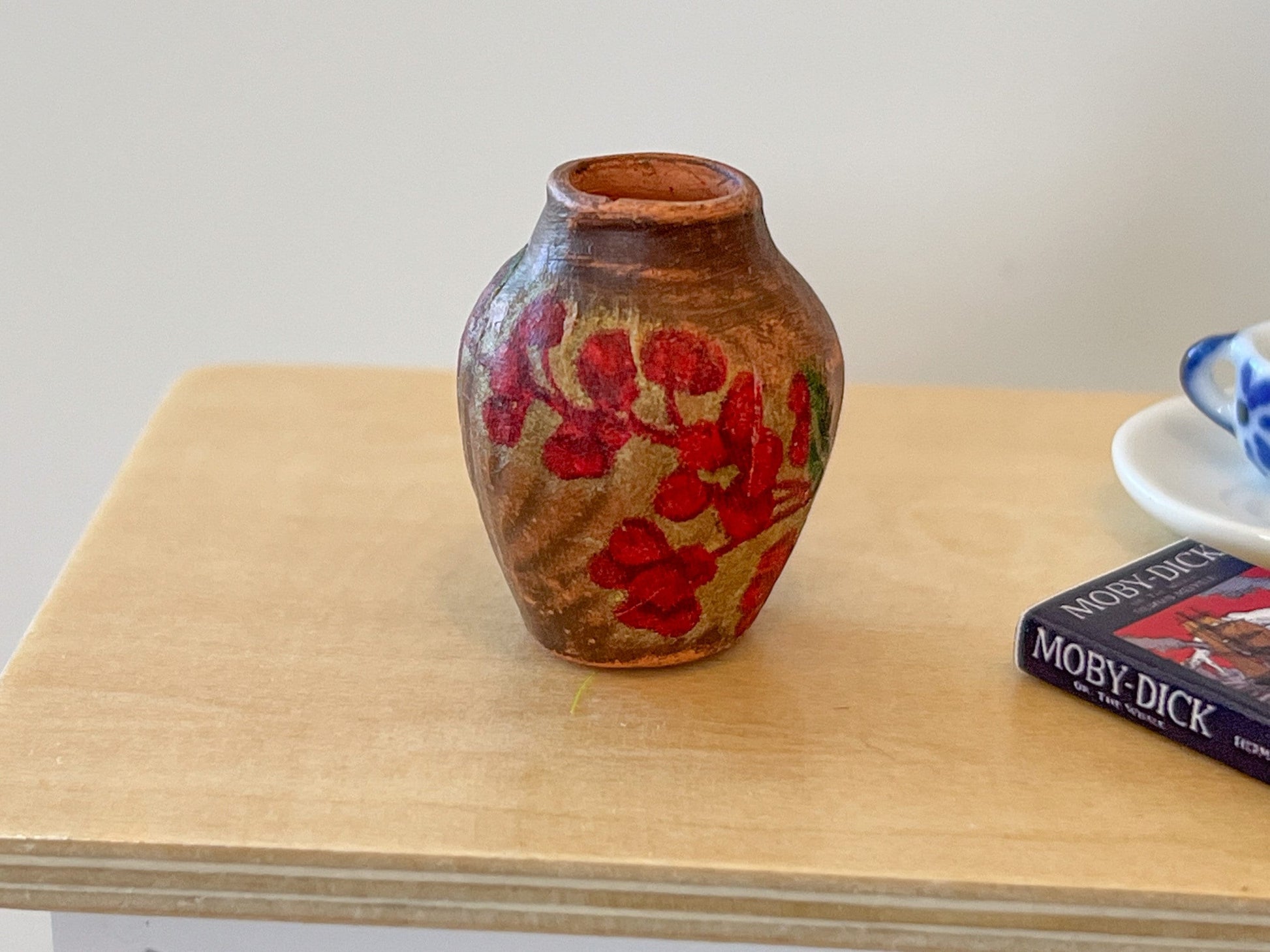Miniature Terracotta Vase 1:12 Scale, Dollhouse Vase with Red Decoupage & Dried Flowers __etsy:5823215193