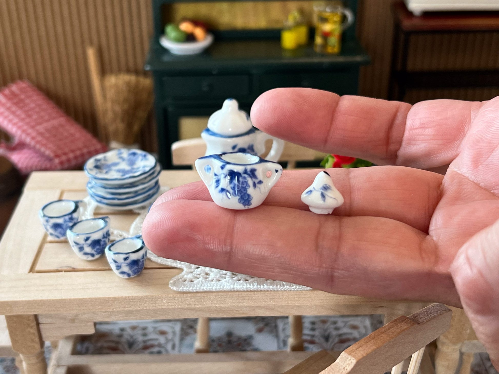 Miniature 1:12 Scale Porcelain 17 PC Tea Set – Blue Floral Dollhouse Dining __etsy:5832714315