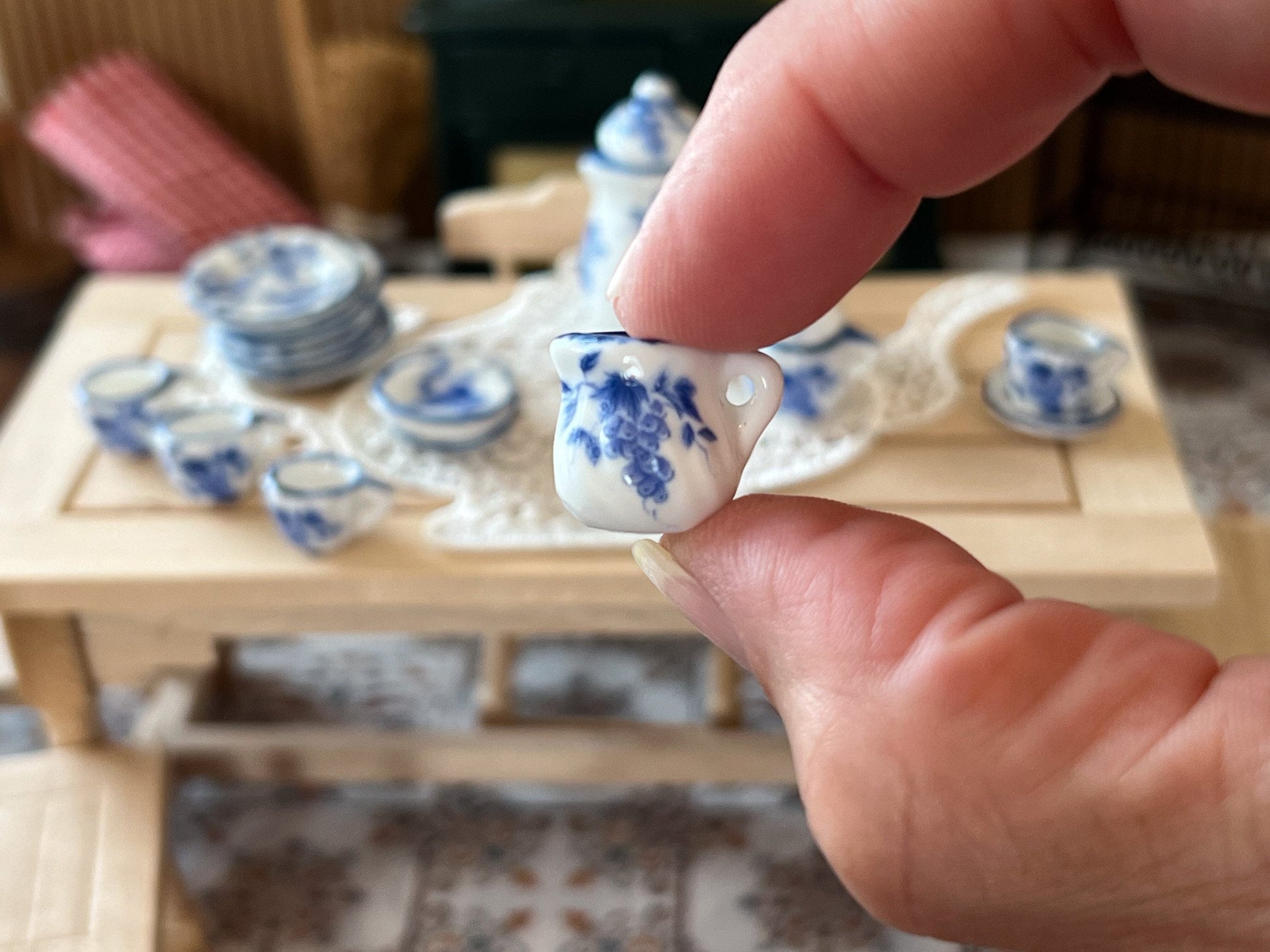 Miniature 1:12 Scale Porcelain 17 PC Tea Set – Blue Floral Dollhouse Dining __etsy:5832714493