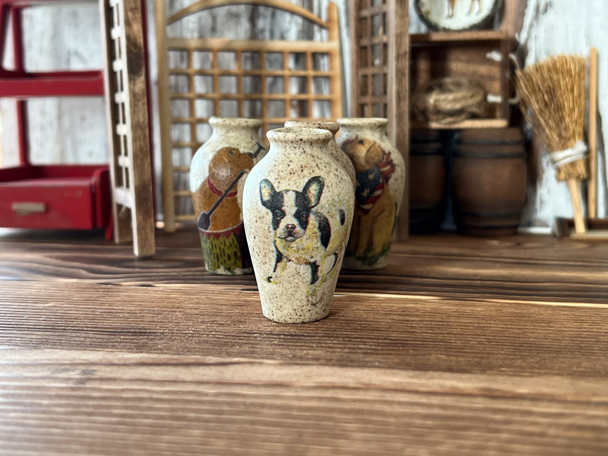 Miniature Stoneware Vase, 1:6 Scale – Dollhouse Decor Handcrafted with Dog Theme __etsy:6033678479