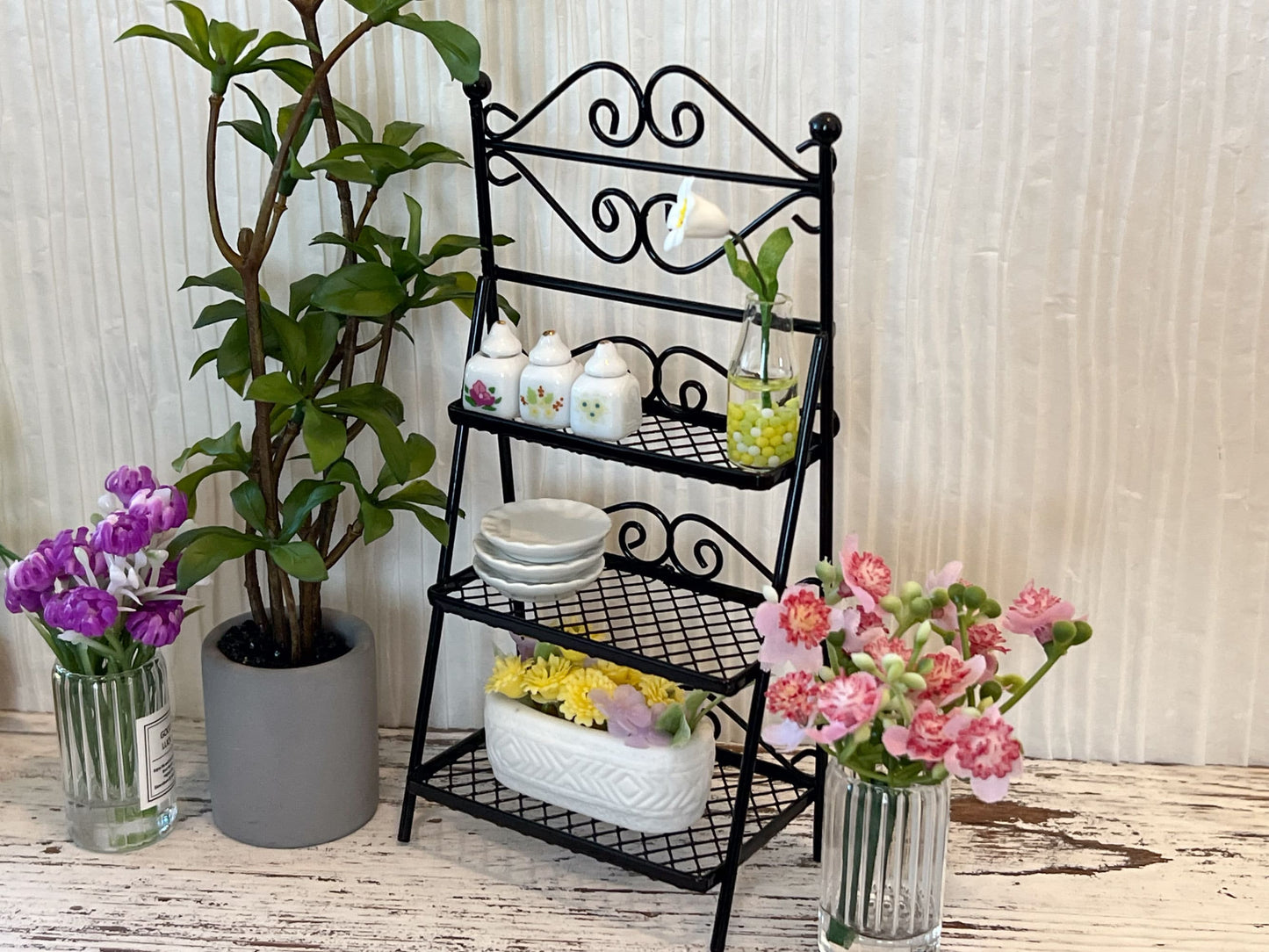 Miniature Wrought Iron Three Tier Shelving - 1:12 Scale - Dollhouse Furniture Black Plant Display __etsy:6063080036