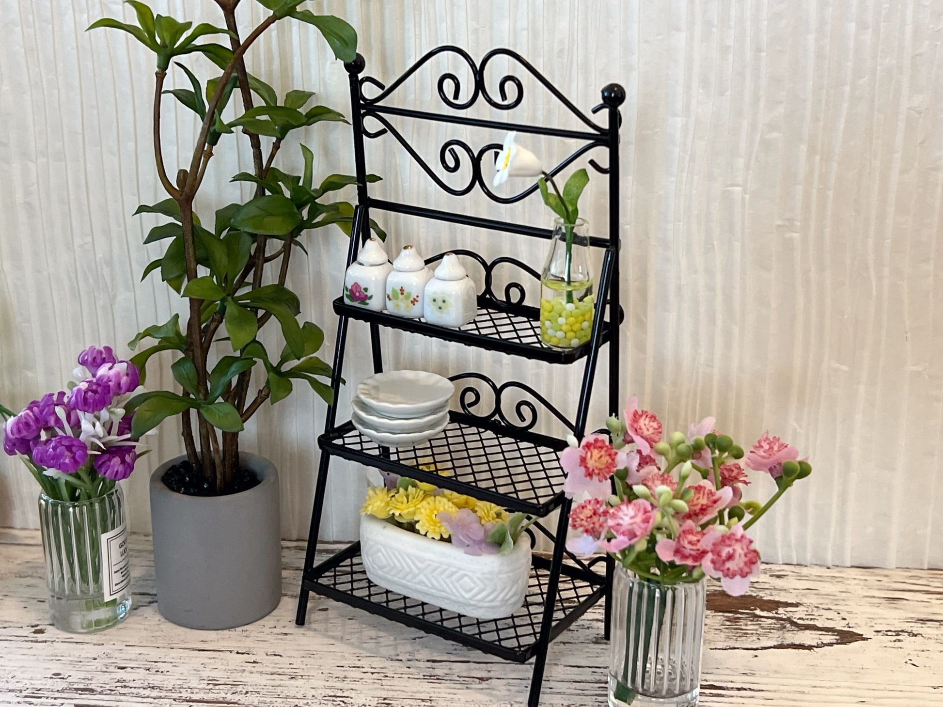 Miniature Wrought Iron Three Tier Shelving - 1:12 Scale - Dollhouse Furniture Black Plant Display __etsy:6063080036