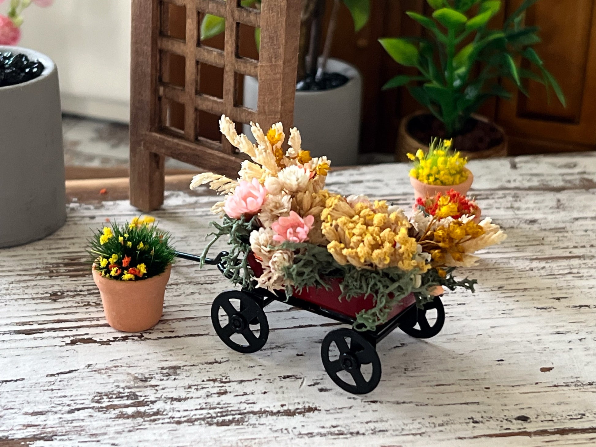 Miniature Red Iron Wagon with Flowers-1:12 Scale - Dollhouse Wagon Funtional Wheels and Handle __etsy:6143730728