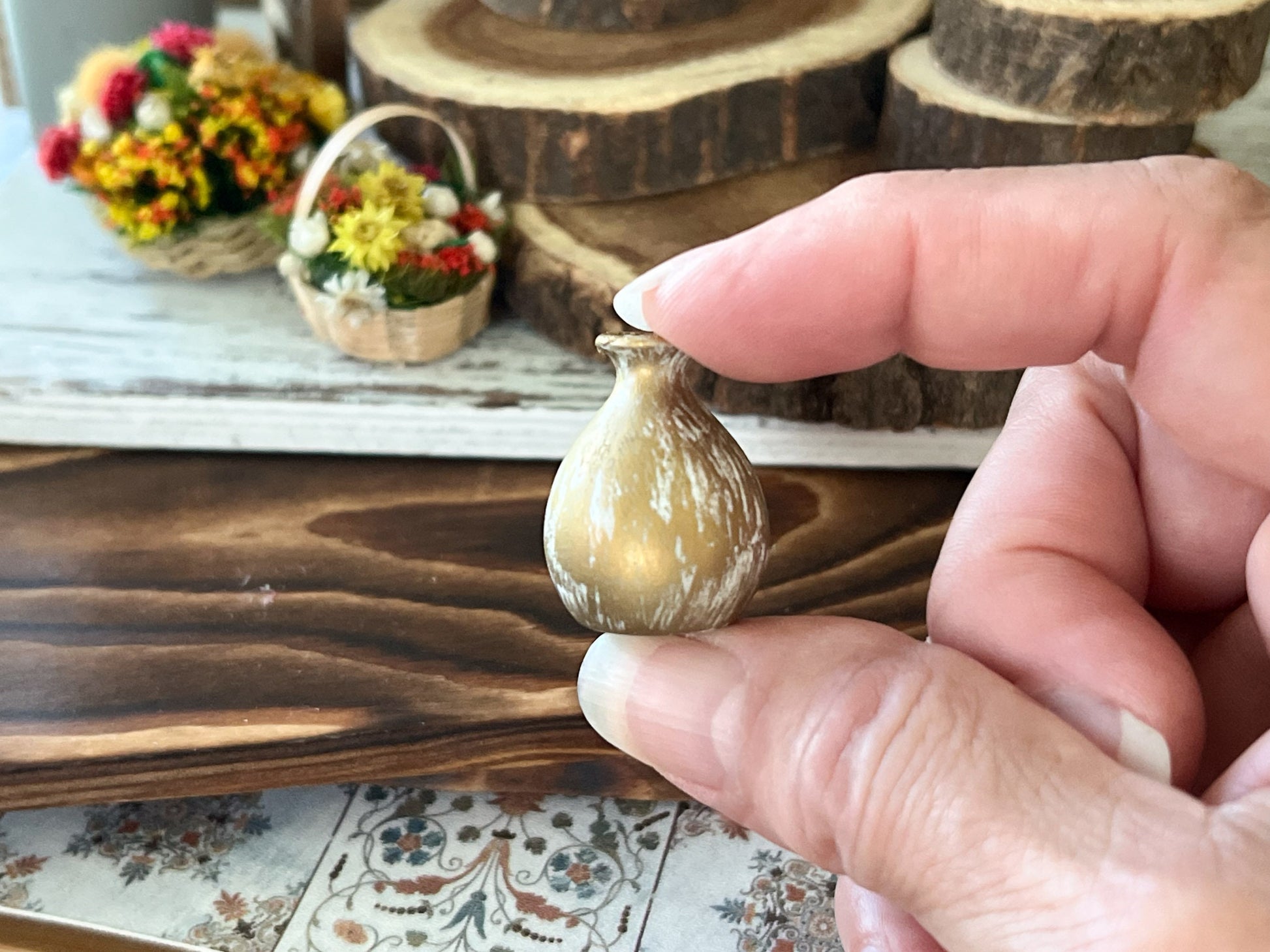 Miniature Ceramic Vase 1:12 Scale, Dollhouse Golden/White Vase with Mulberry Flowers __etsy:6198957944