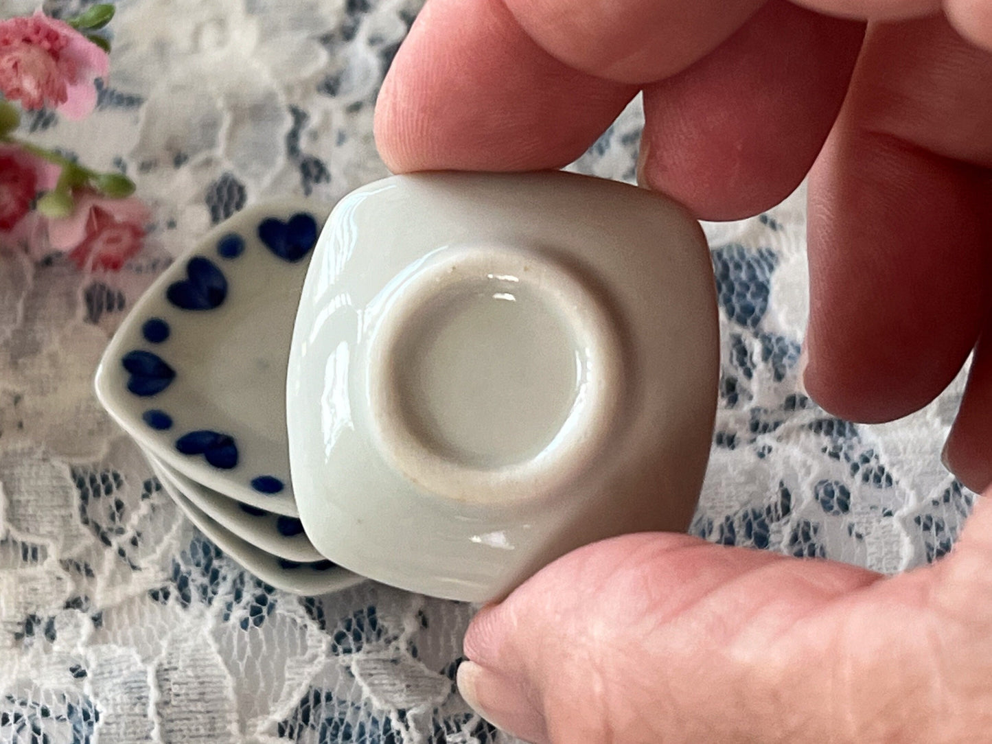 Dollhouse Miniature Dinner Plates – 1:6 Scale Square Plate Set of 4 | White with Blue Hearts | Dollhouse Kitchen or Dining Room Decor __etsy:6238420542