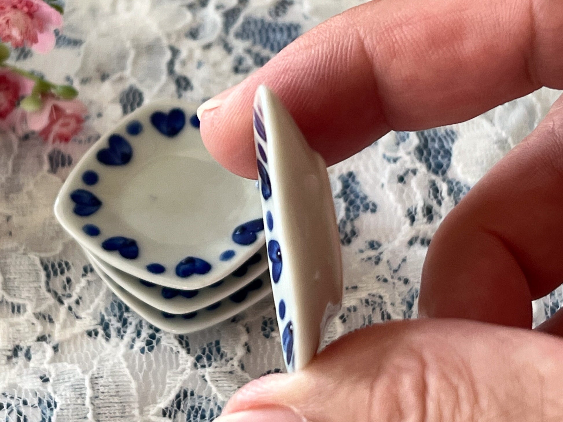 Dollhouse Miniature Dinner Plates – 1:6 Scale Square Plate Set of 4 | White with Blue Hearts | Dollhouse Kitchen or Dining Room Decor __etsy:6238420544