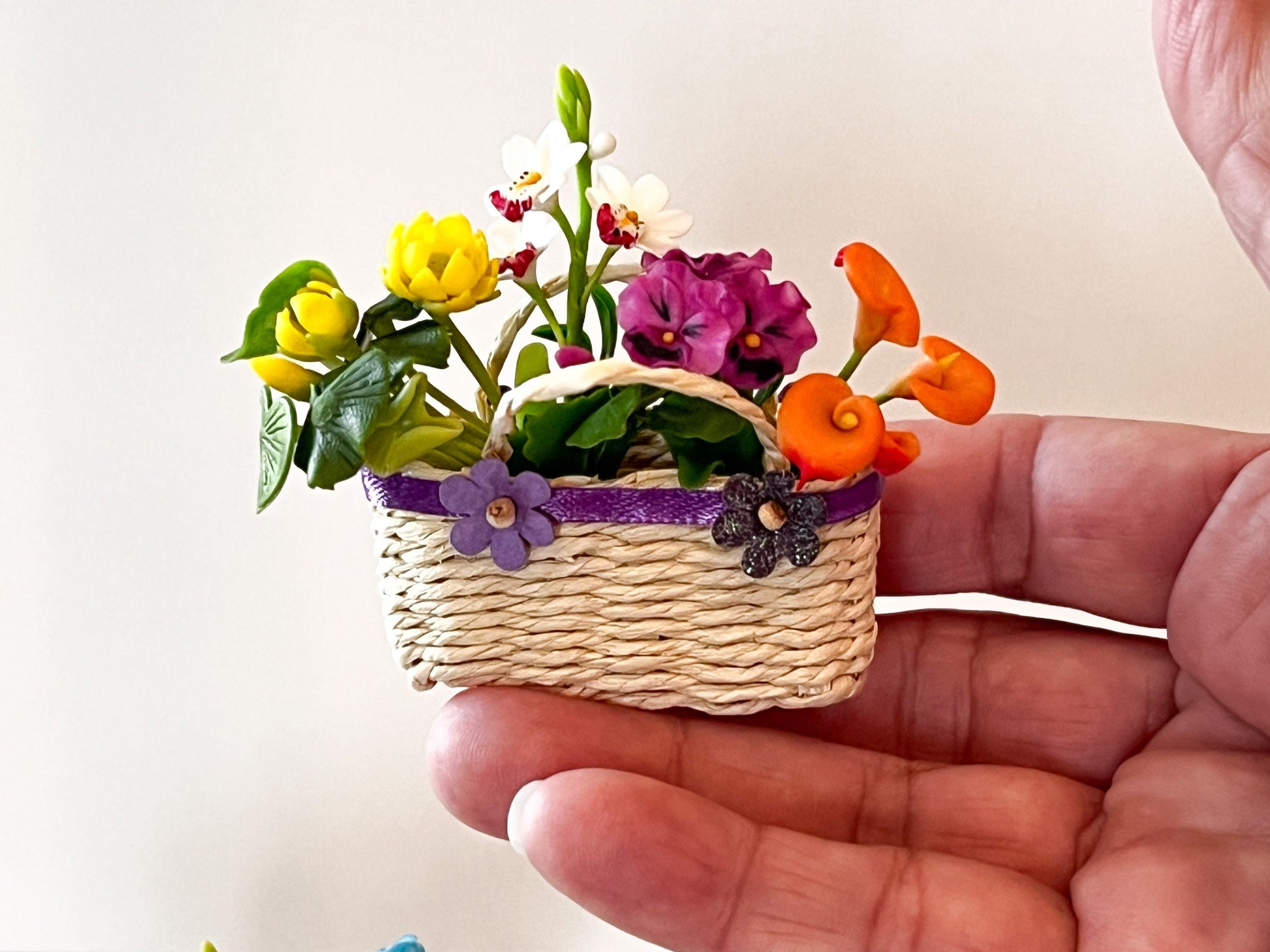 Dollhouse Miniature 1 PC-1:6 Scale Rectangular Wicker Basket, Polymer Clay Flowers, Dollhouse Table Decor, Doll Easter Wicker Basket __etsy:6254315382